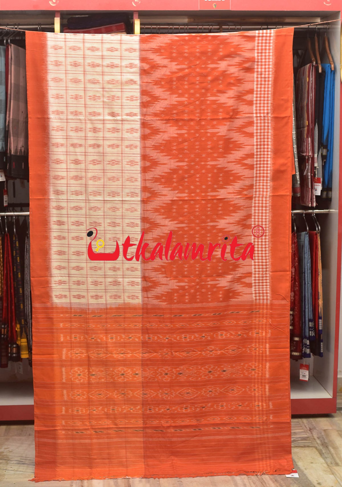 Half Half Orange White Khandua Cotton Checks Saree