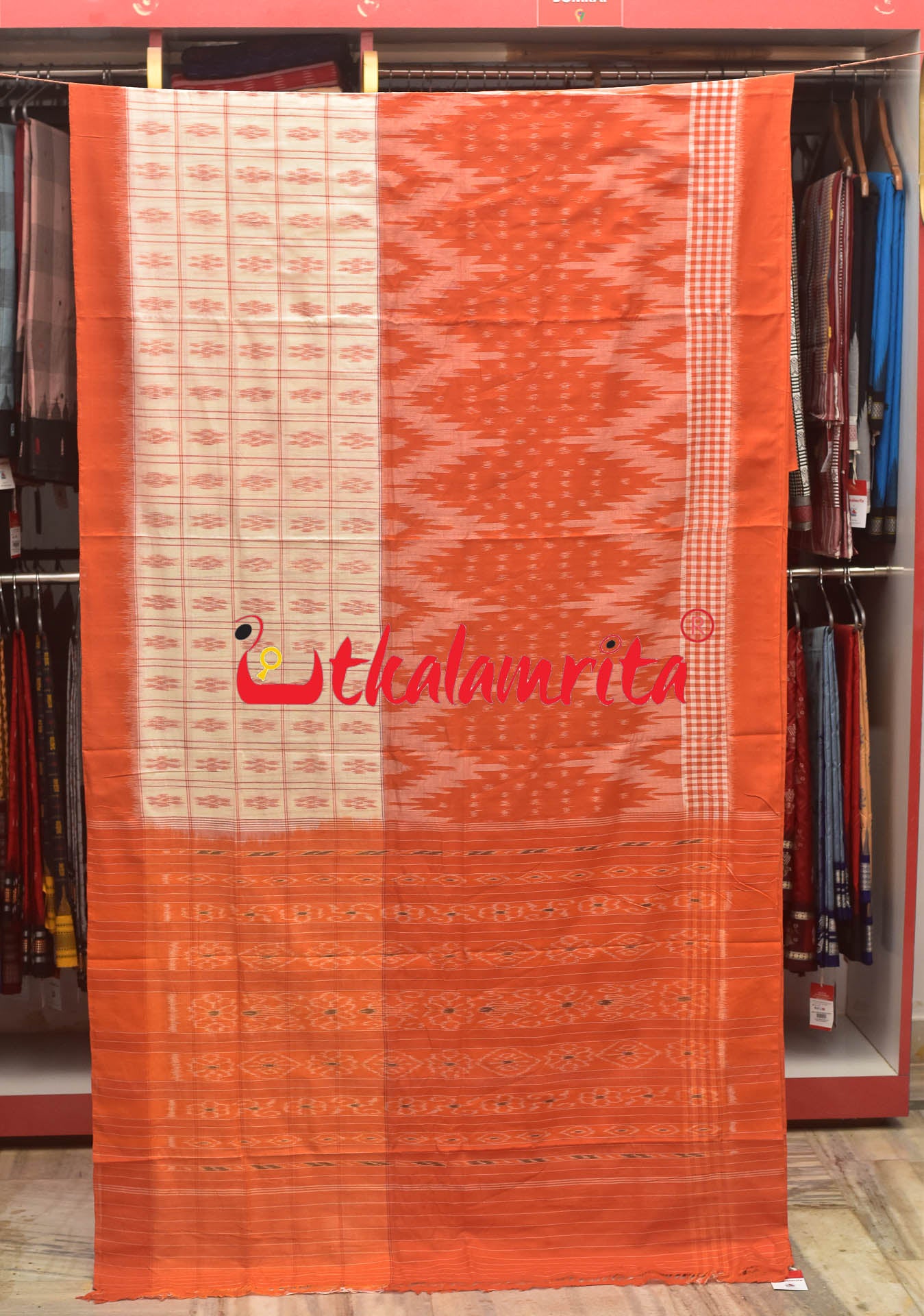 Half Half Orange White Khandua Cotton Checks Saree