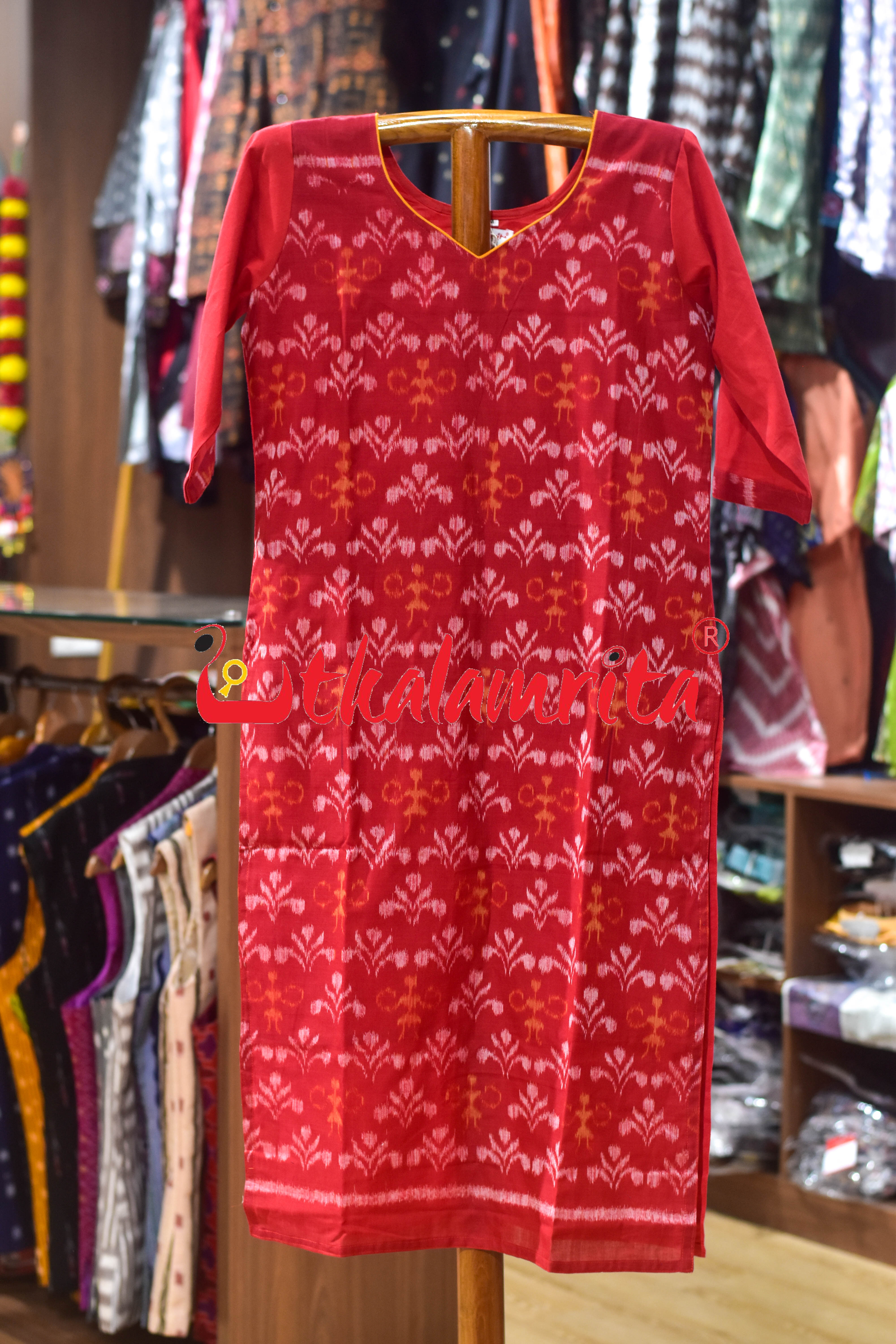Red Tribal and Trees Sambalpuri (Ladies Kurti)