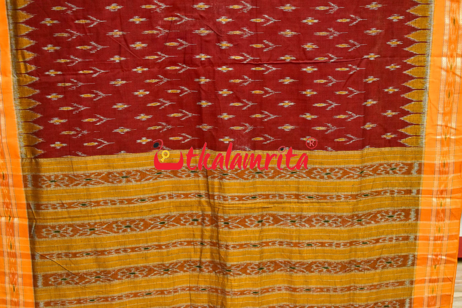 Maroon Turmeric Khandua Cotton Saree