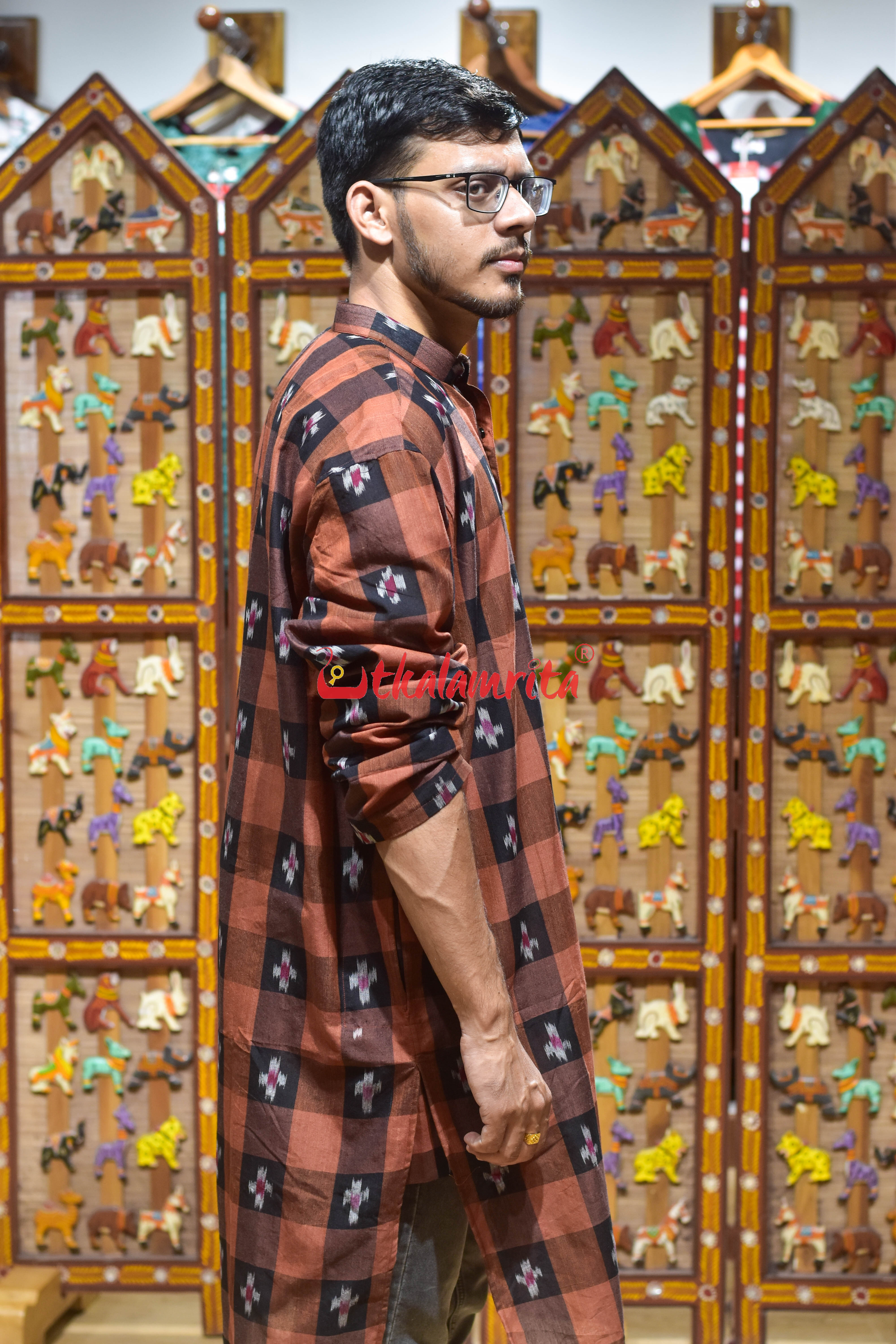 Brown Black Checks Pasapali (Men's Long Kurta)