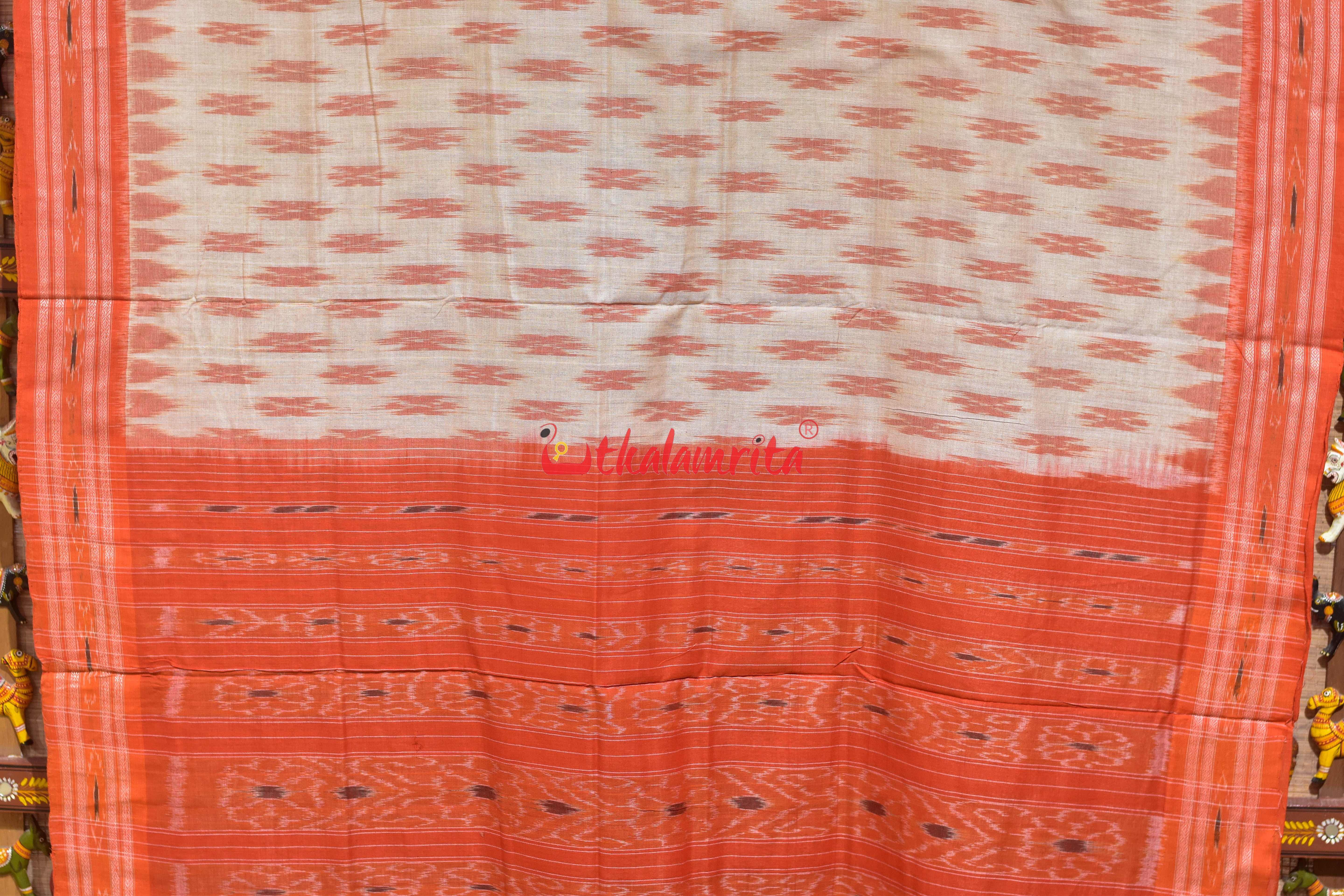 Off White Orange Body Bandha Khandua Cotton Saree