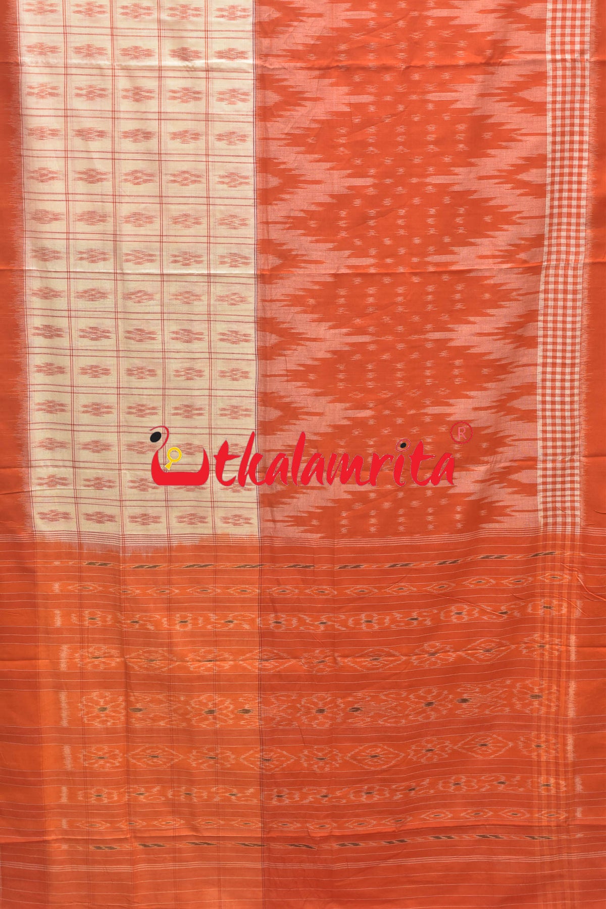 Half Half Orange White Khandua Cotton Checks Saree