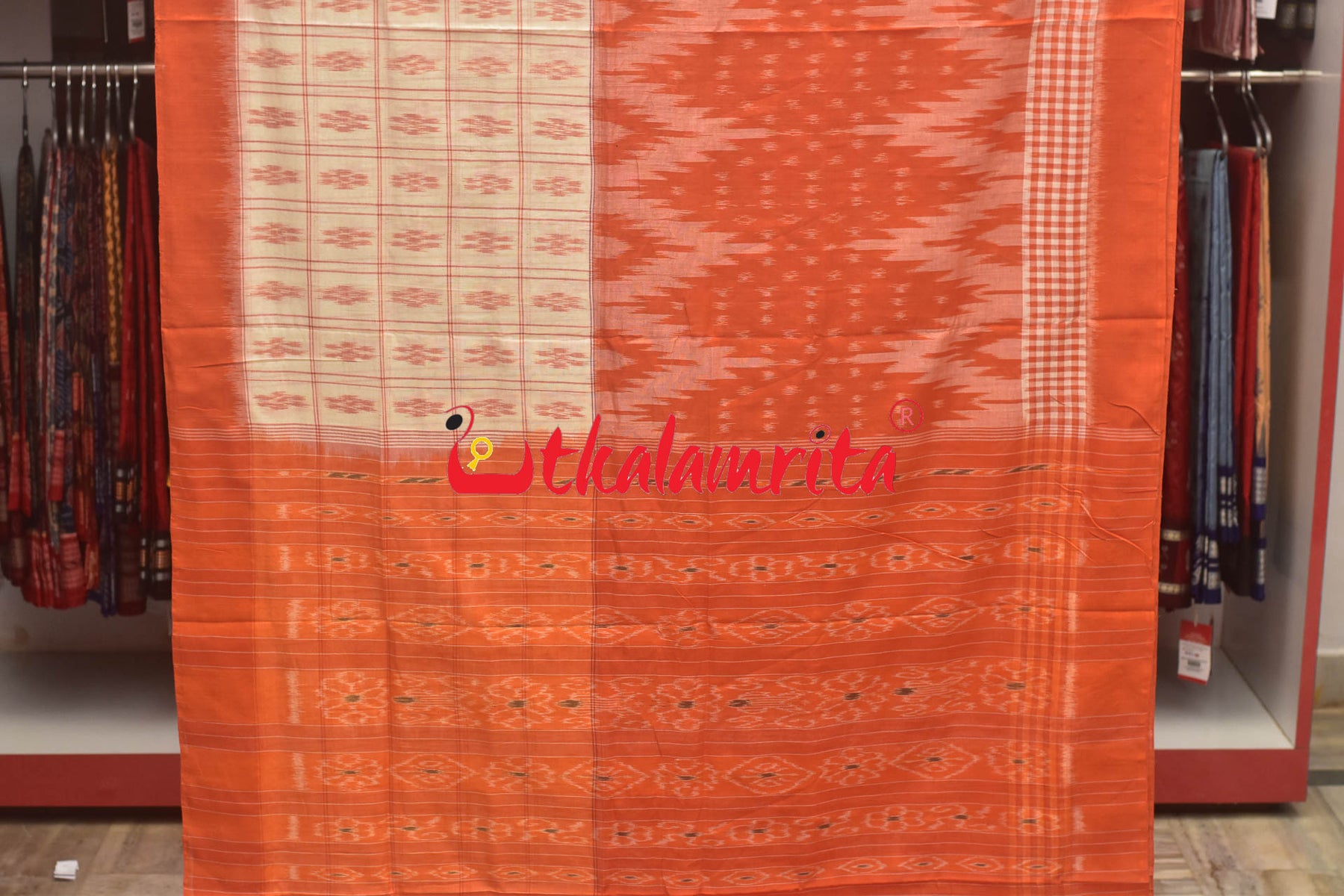 Half Half Orange White Khandua Cotton Checks Saree