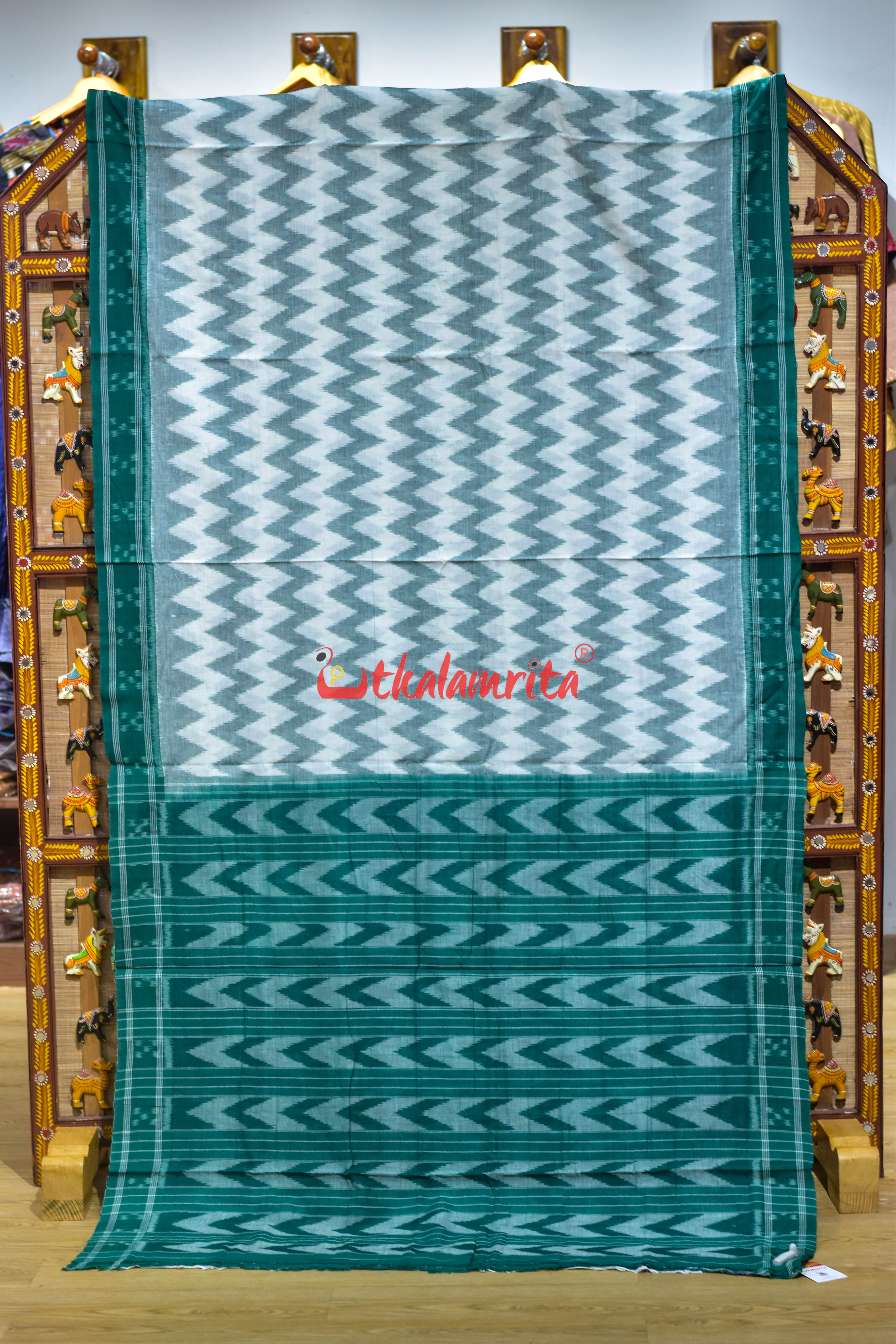 White Green Taranga Khandua Cotton Saree