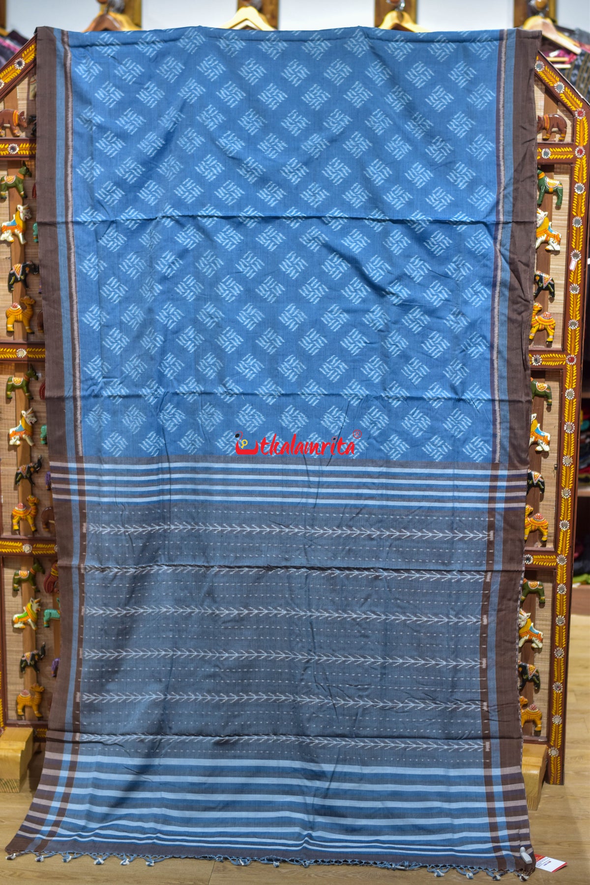 Sky Blue Brown Gaara Thikiri Maniabandha Cotton Saree