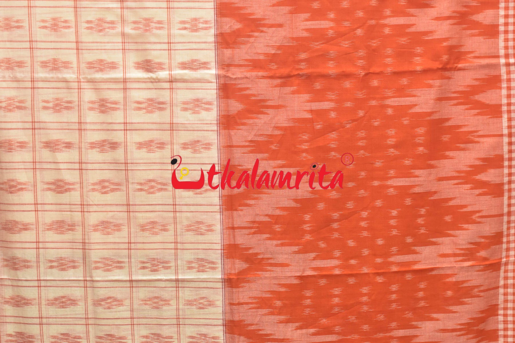 Half Half Orange White Khandua Cotton Checks Saree