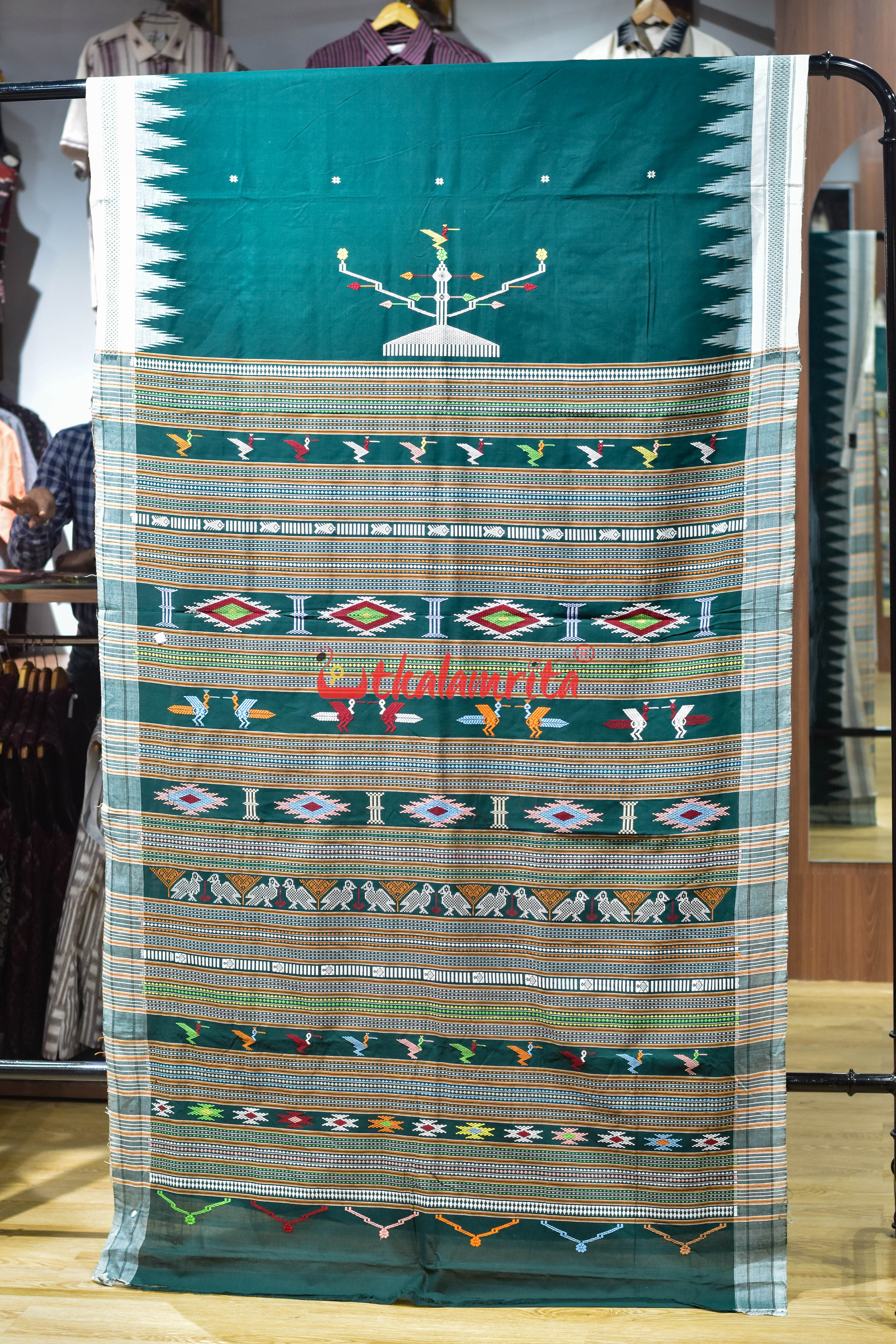 Dark Green White Original Ganjam Bomkai Cotton Saree