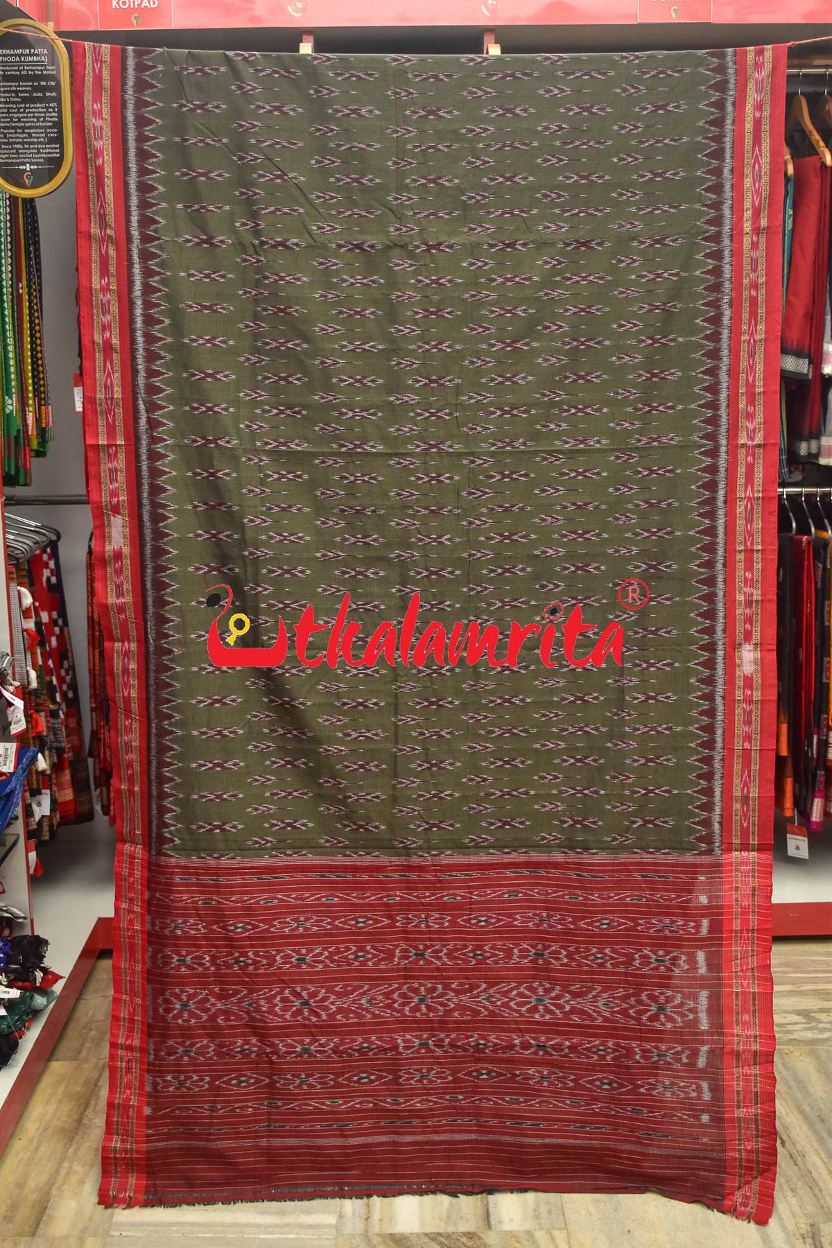 Olive Red Kadha Khandua Cotton Saree