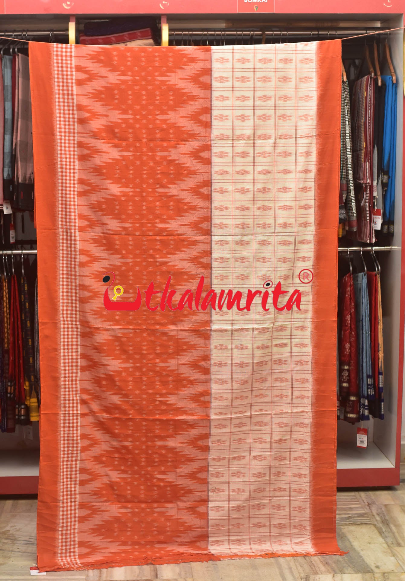 Half Half Orange White Khandua Cotton Checks Saree