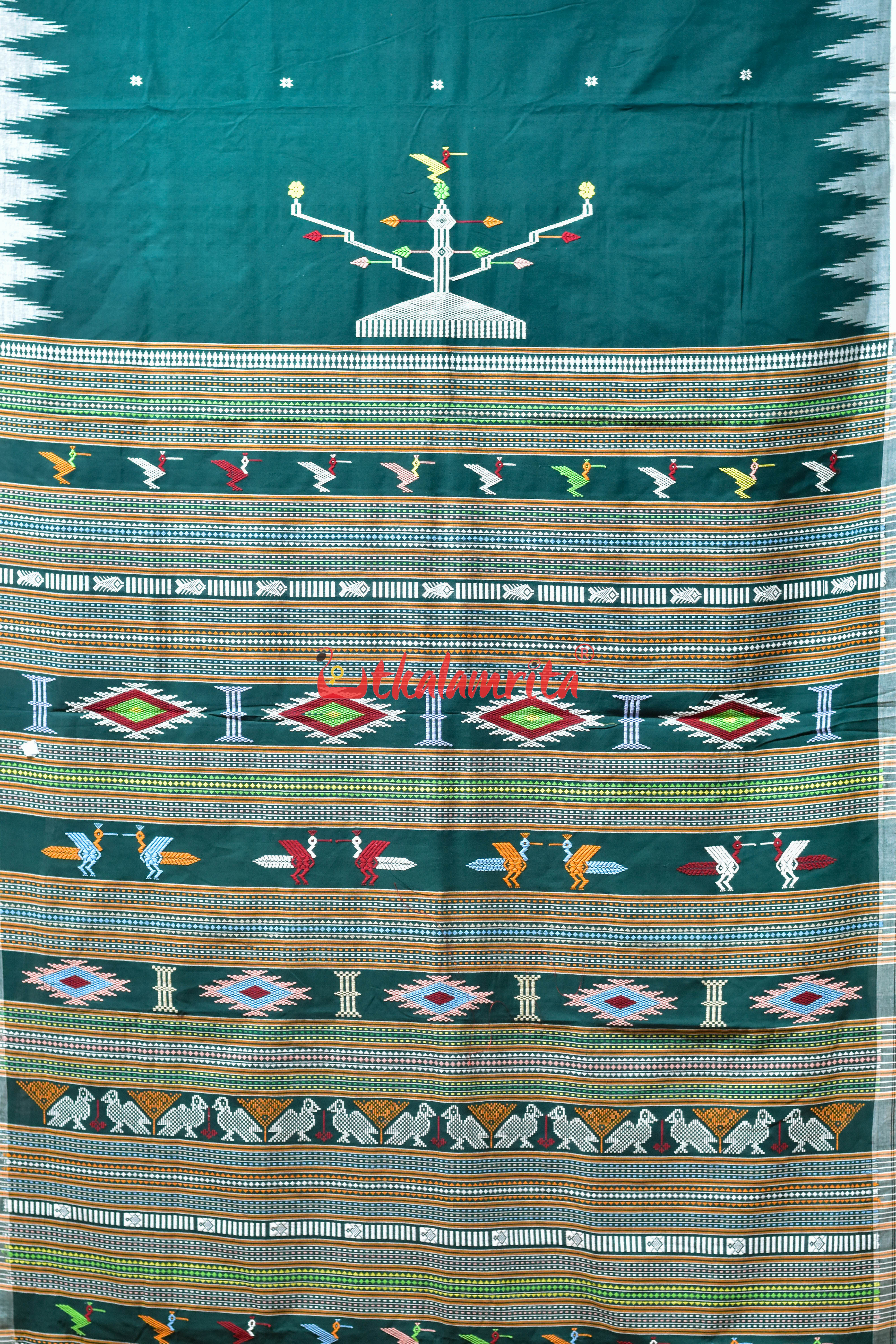 Dark Green White Original Ganjam Bomkai Cotton Saree