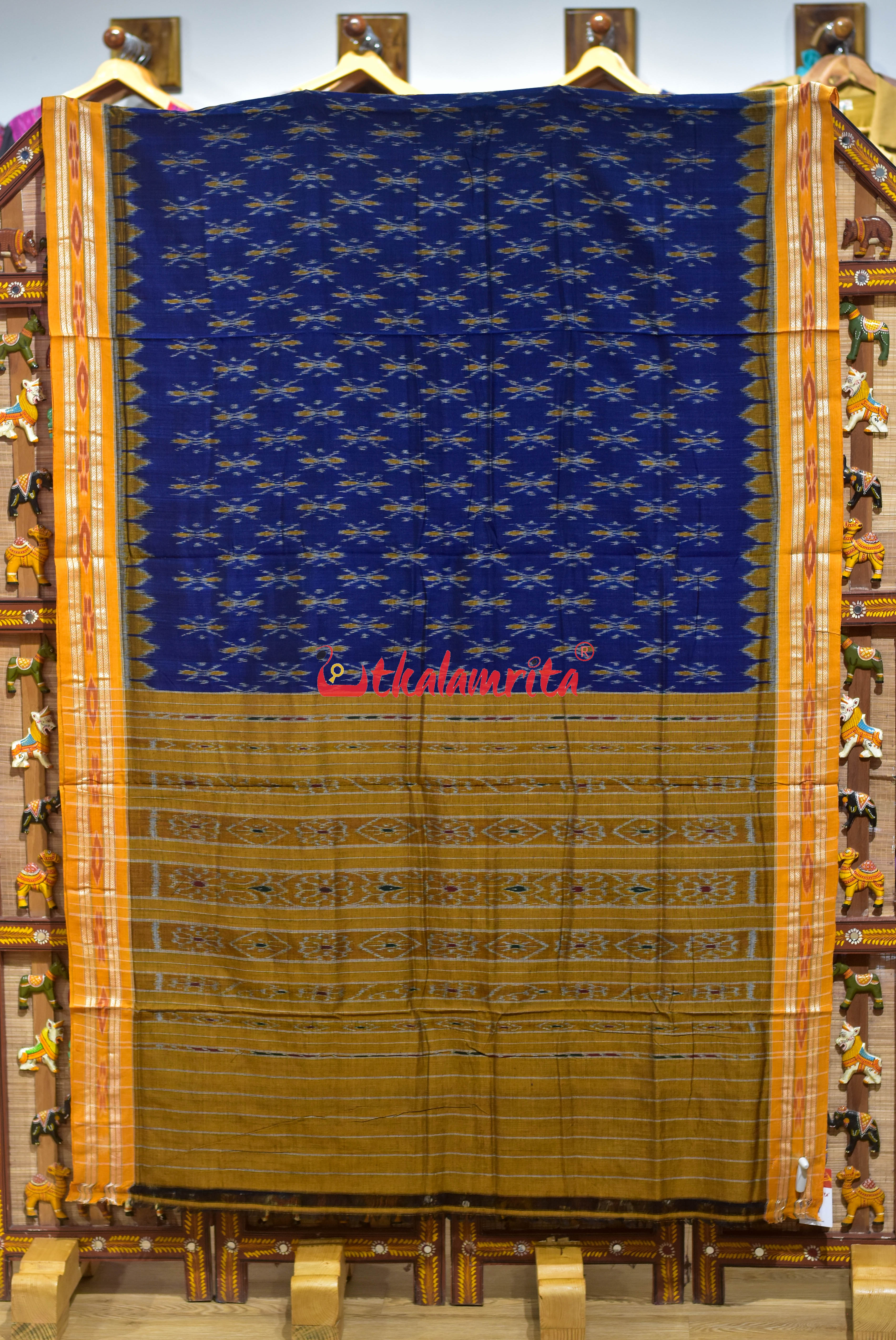 Navy Blue Damru with Yellow Border Khandua Cotton Saree