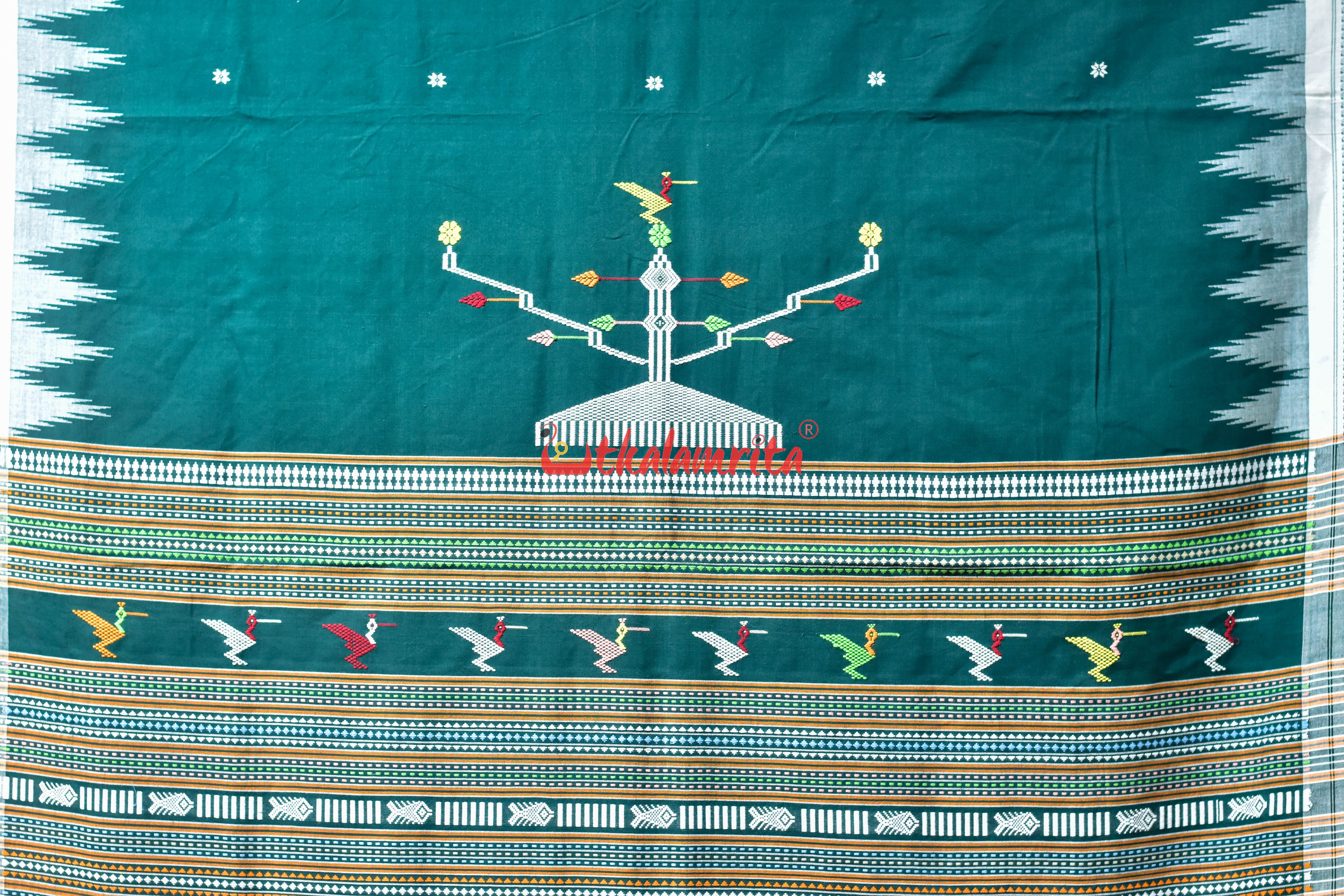 Dark Green White Original Ganjam Bomkai Cotton Saree