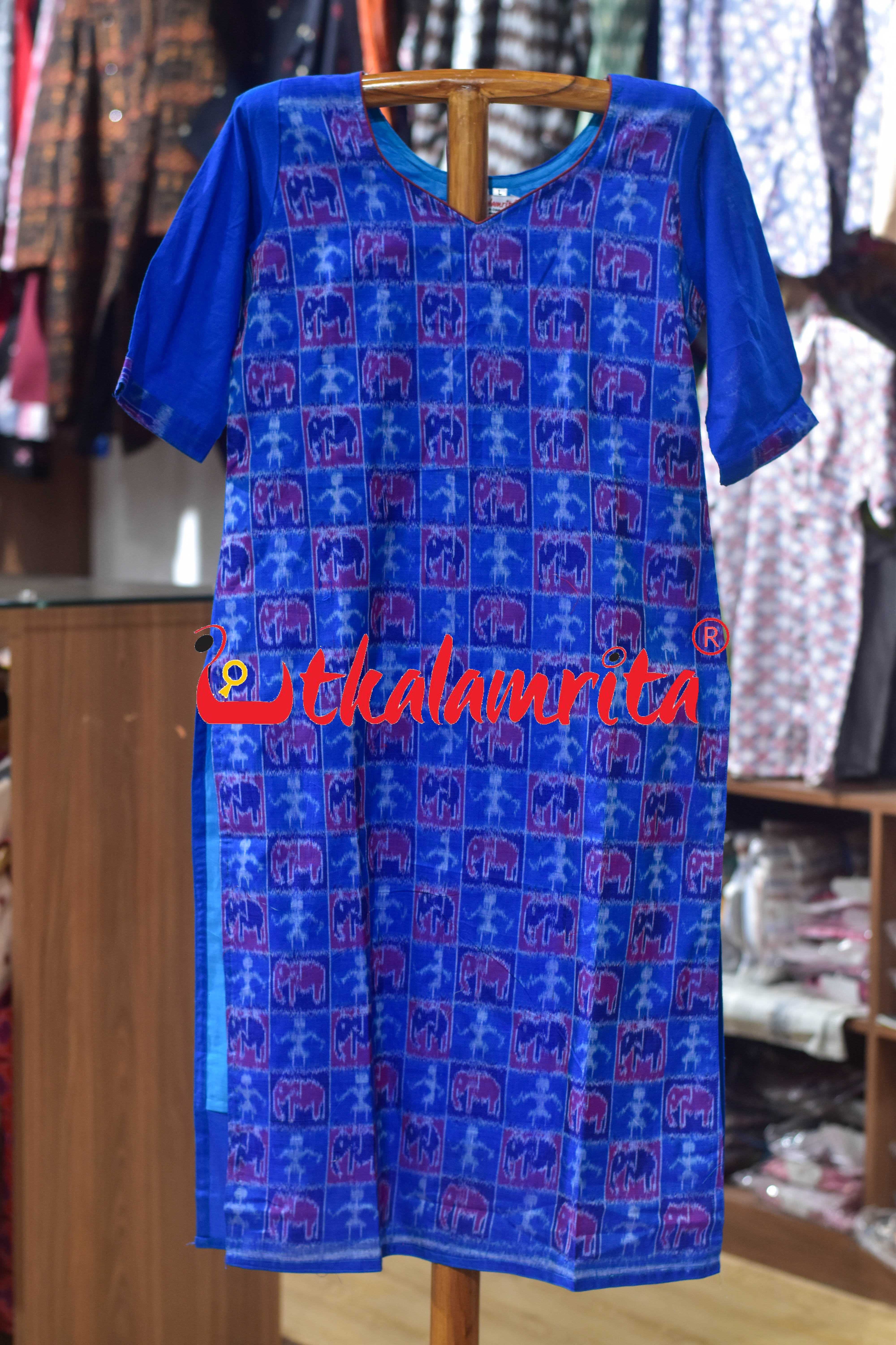 Blue Elephants and Tribals Kuthi Sambalpuri (Ladies Kurti)
