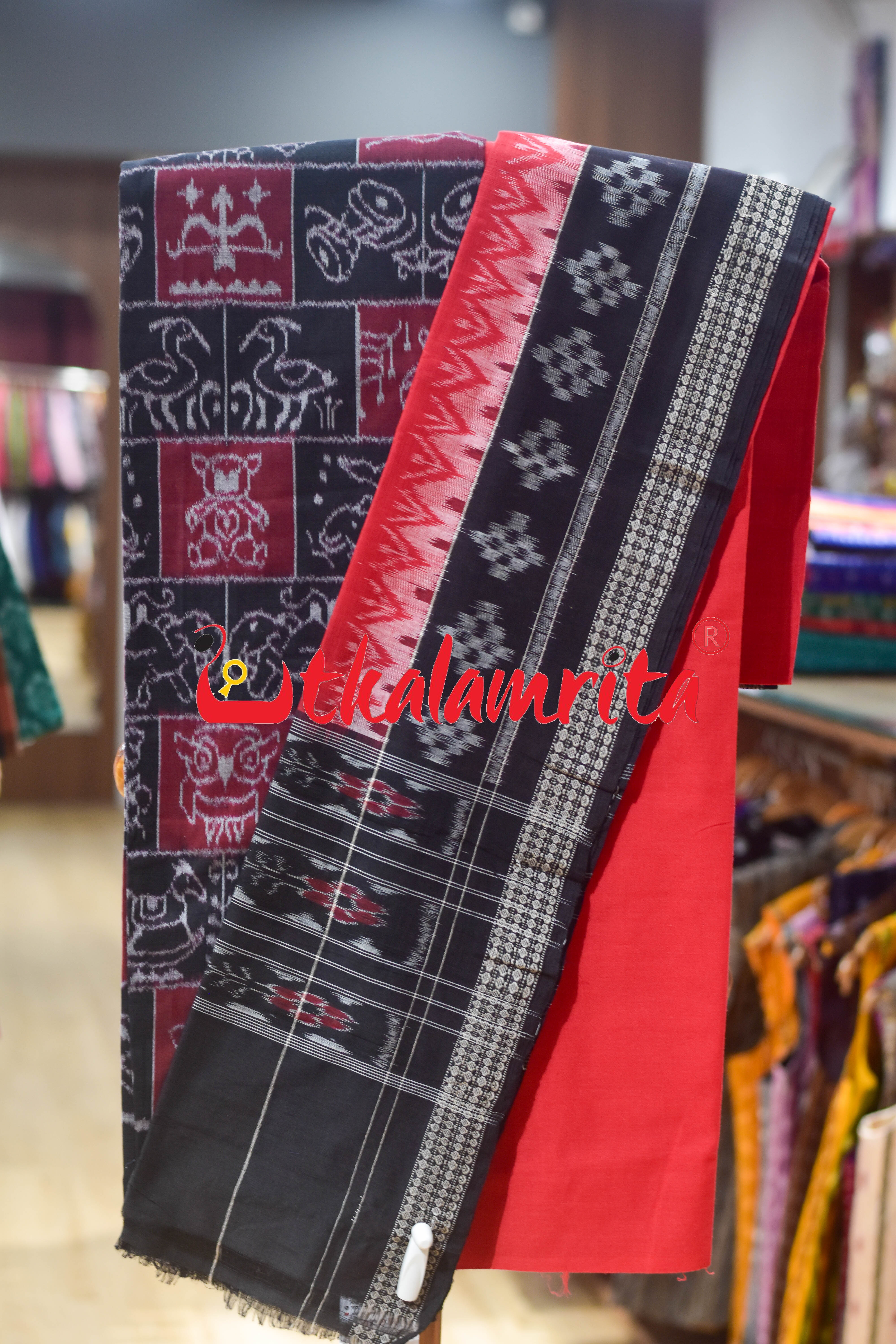 Black Red Traditional Design Sambalpuri Cotton Dress Set