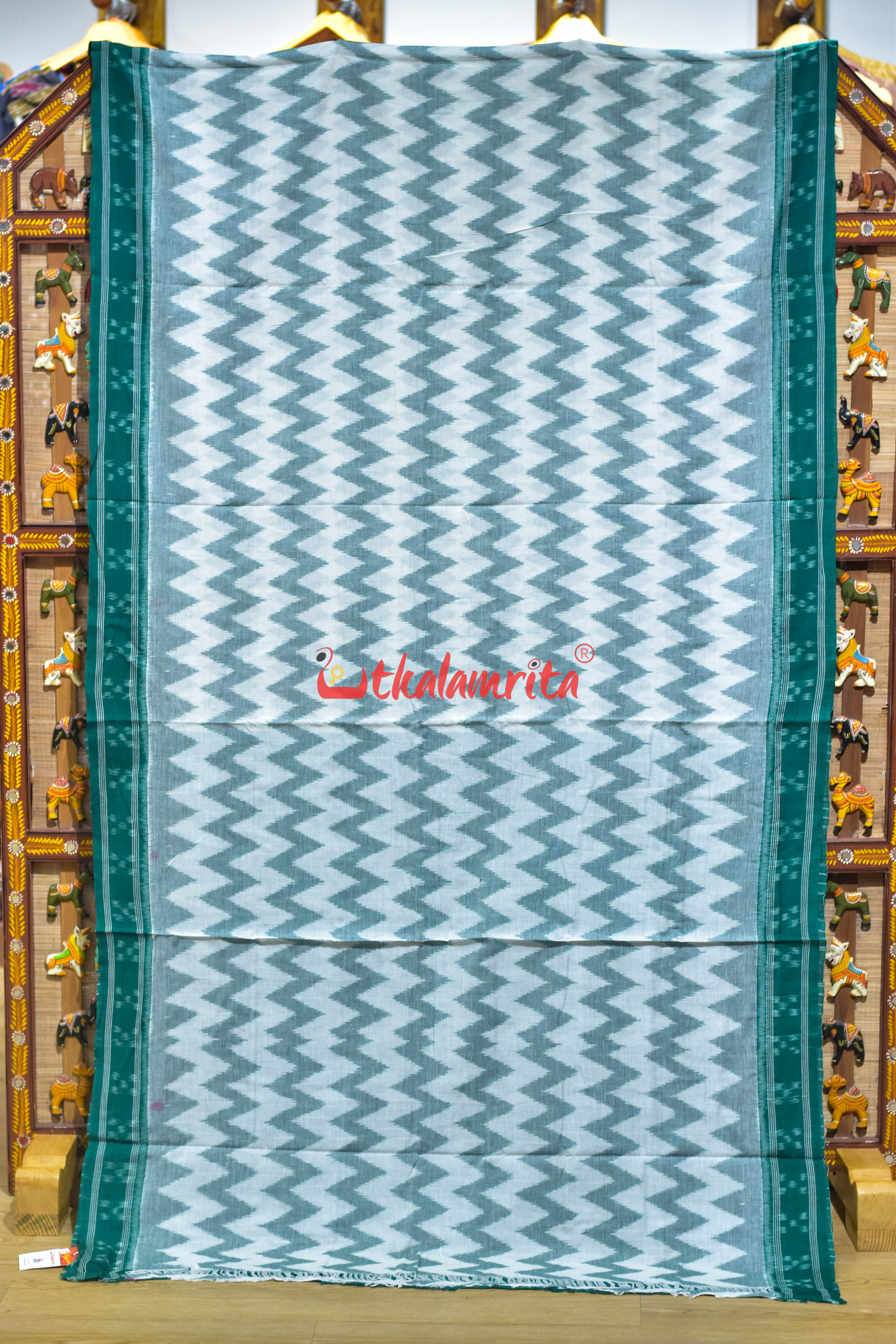 White Green Taranga Khandua Cotton Saree