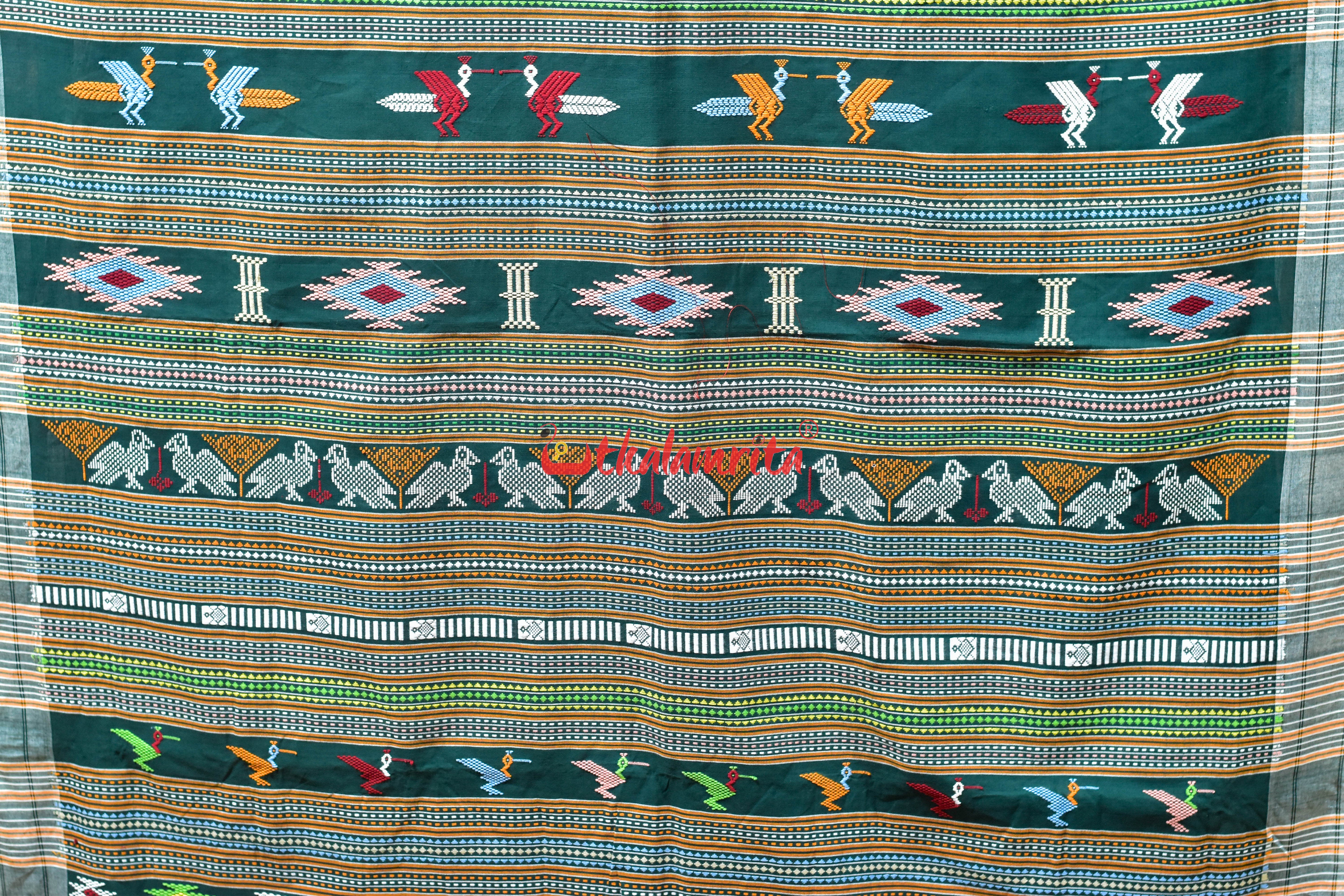 Dark Green White Original Ganjam Bomkai Cotton Saree