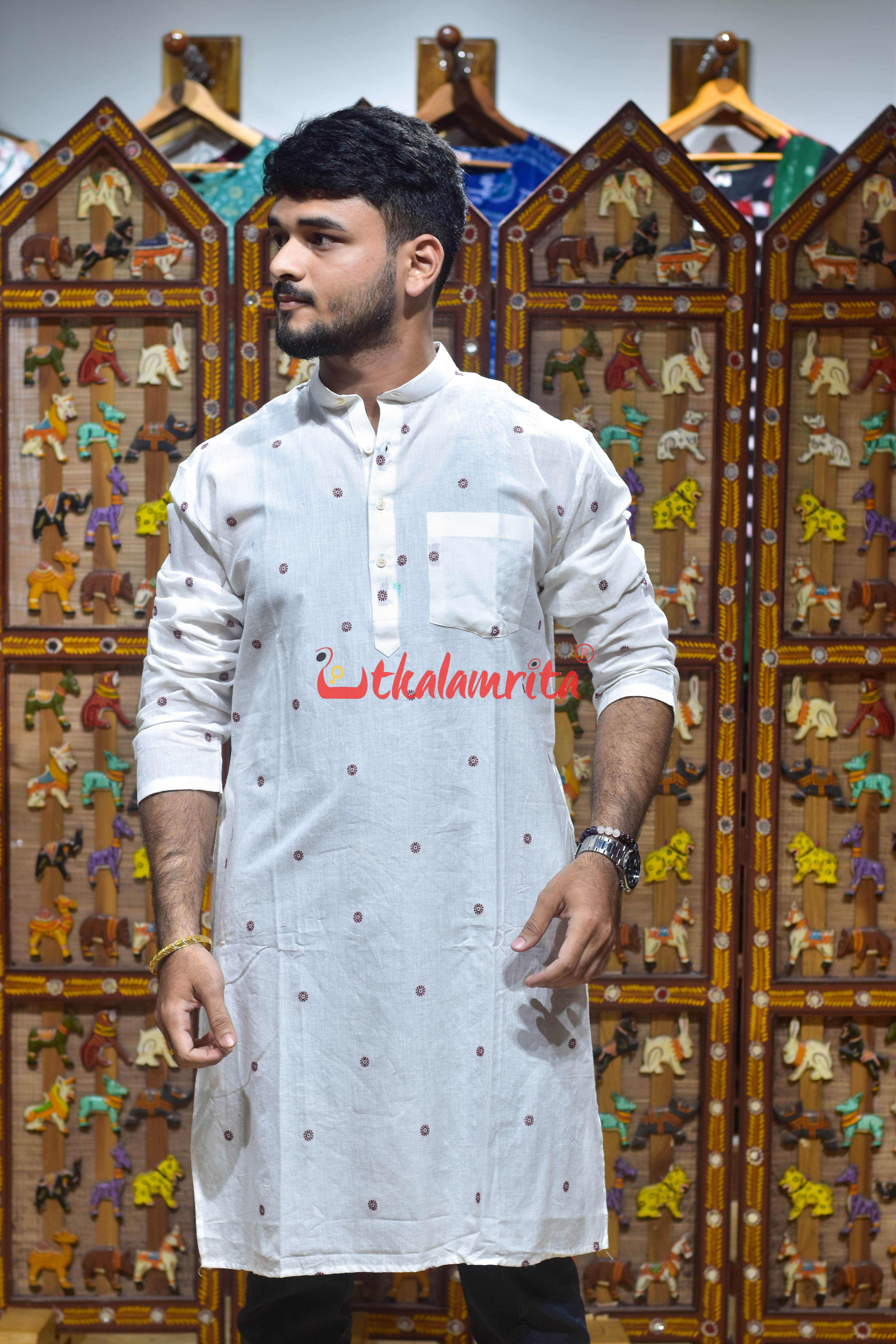 White Maroon Buti (Men's Long Kurta)