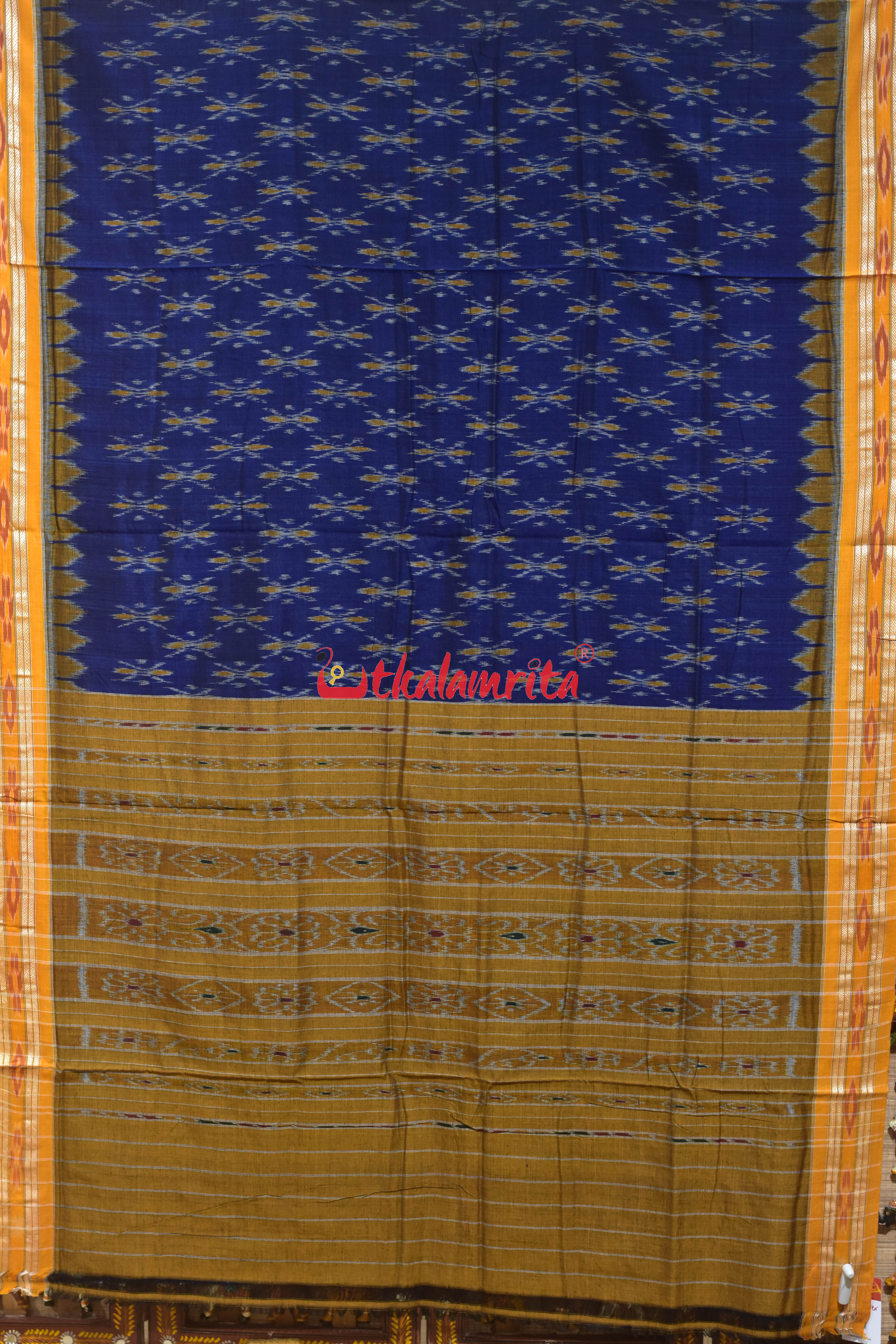 Navy Blue Damru with Yellow Border Khandua Cotton Saree