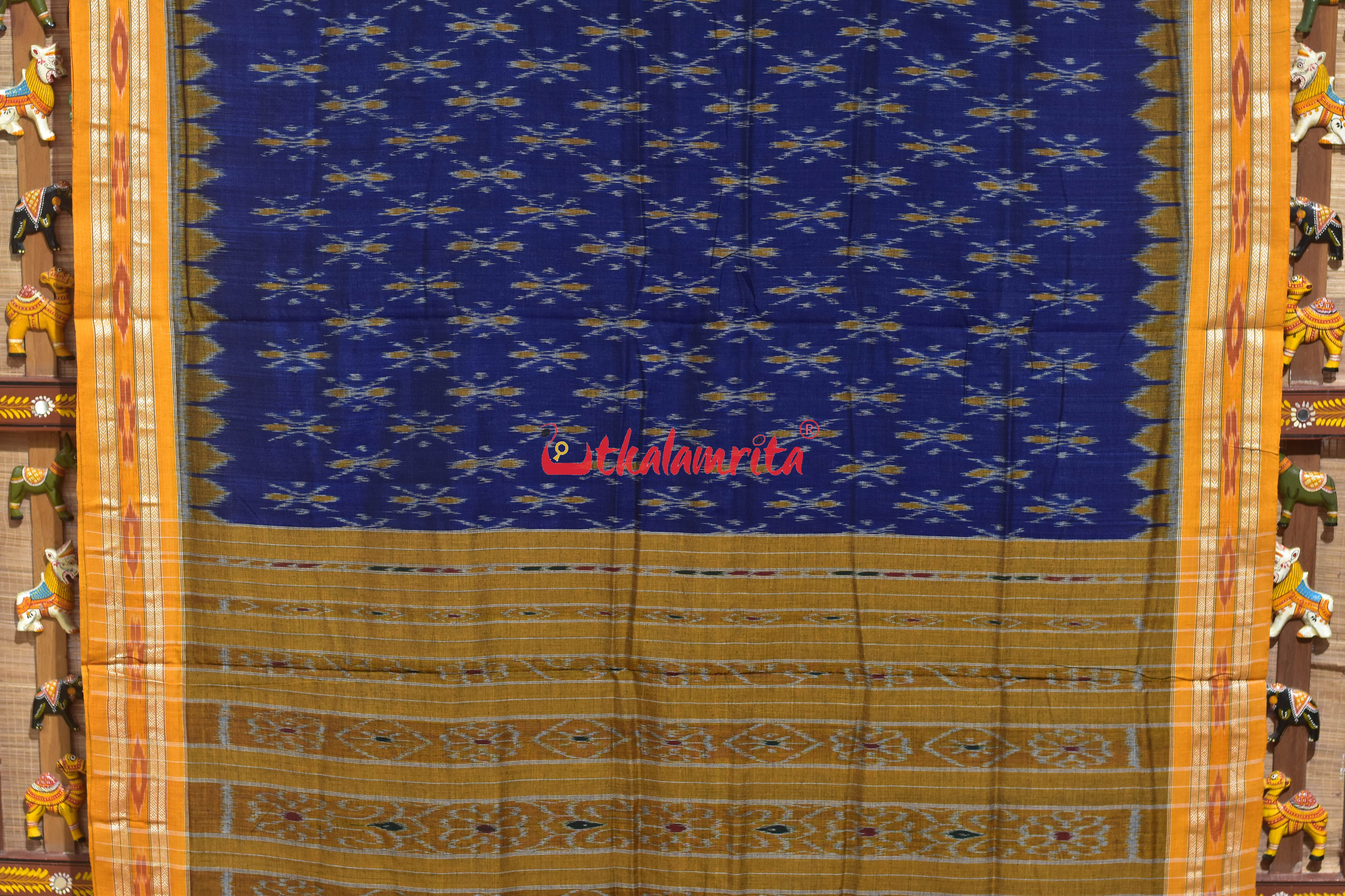 Navy Blue Damru with Yellow Border Khandua Cotton Saree