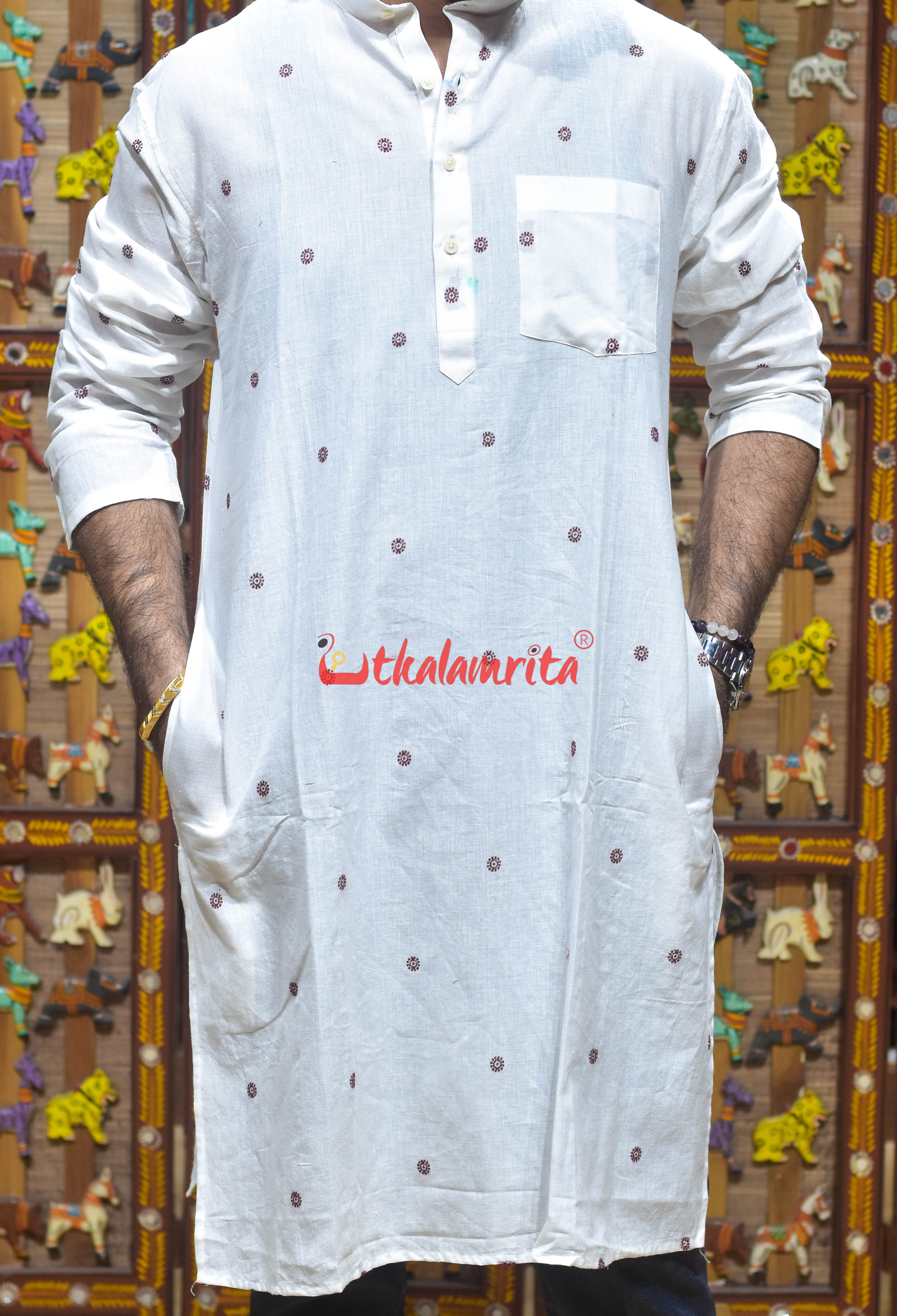 White Maroon Buti (Men's Long Kurta)