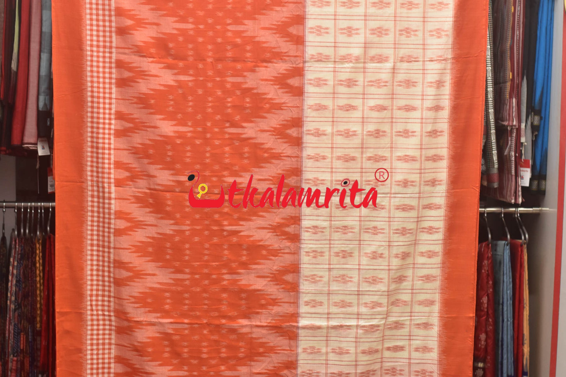 Half Half Orange White Khandua Cotton Checks Saree