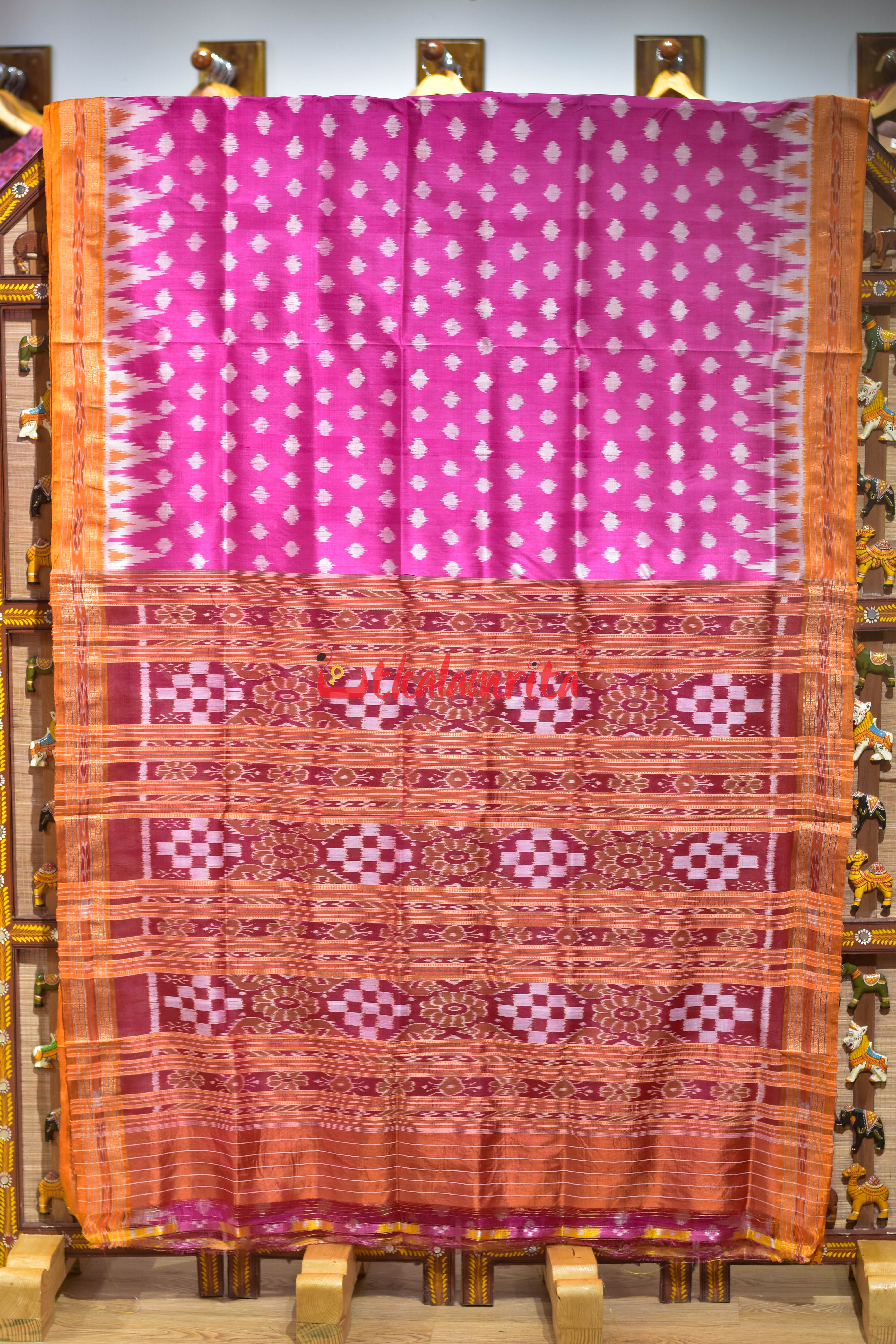 Body Dots Pink Yellow Border Khandua Silk Saree