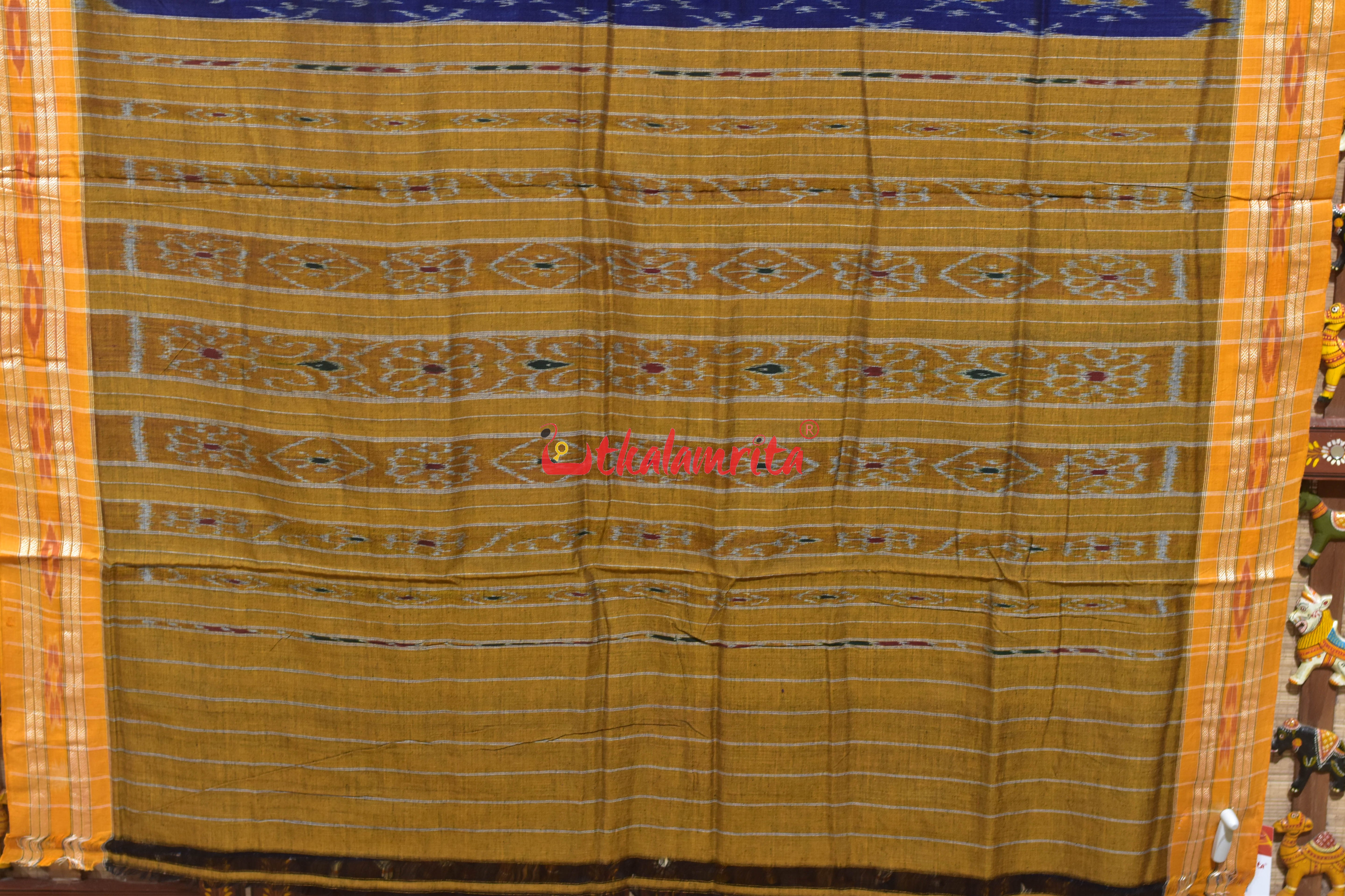 Navy Blue Damru with Yellow Border Khandua Cotton Saree