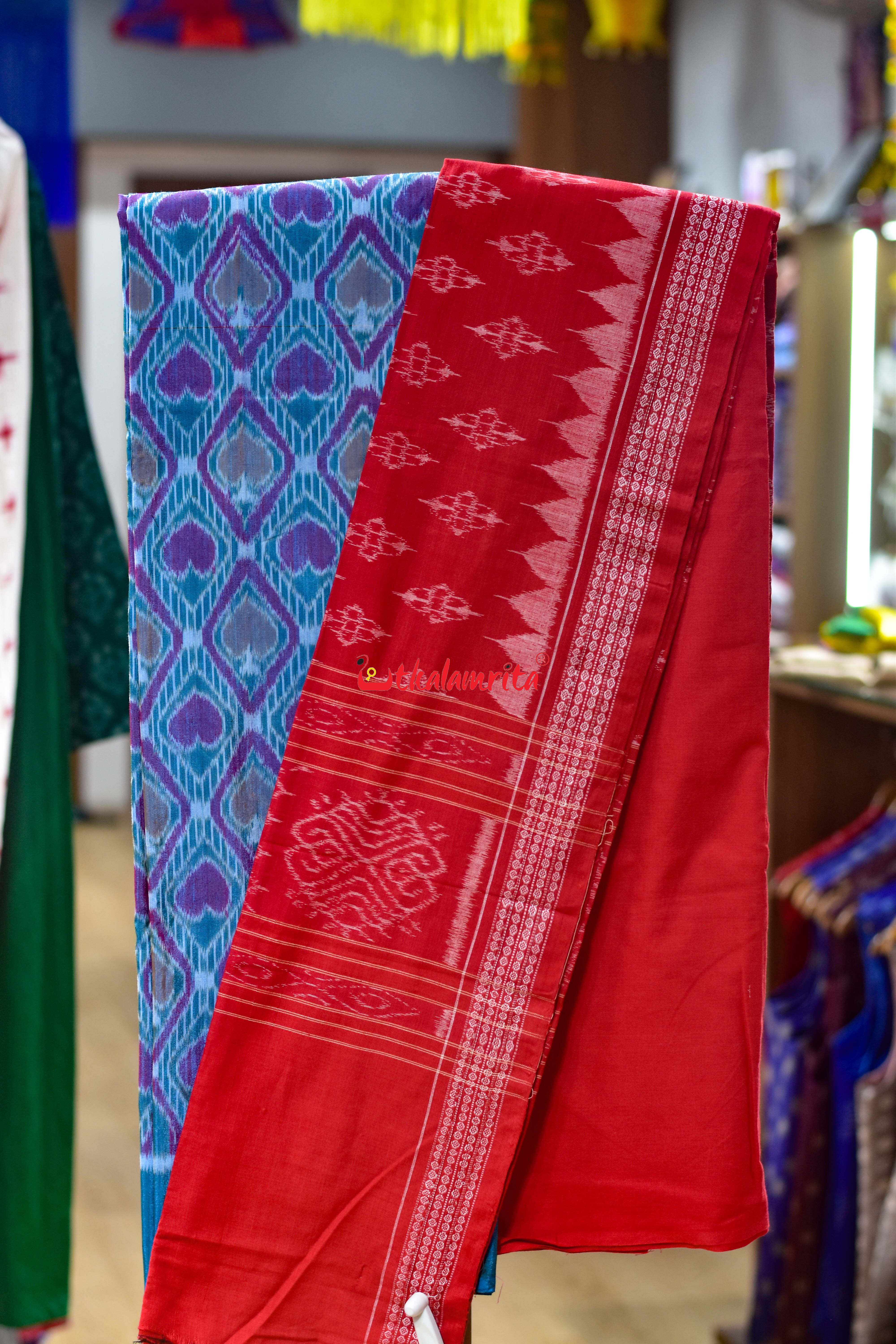 Teal Red Hearts Sambalpuri Bapta Dress Set