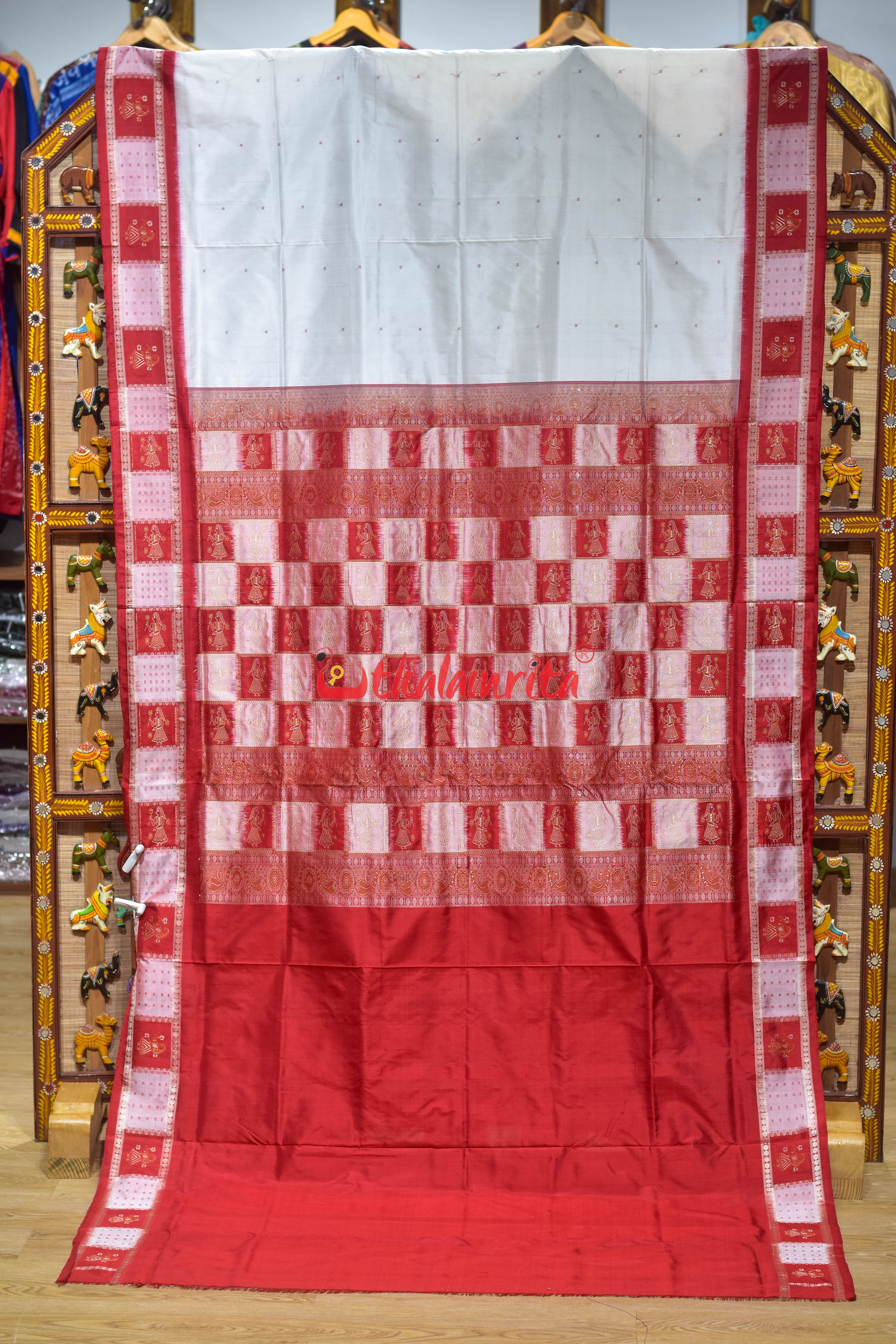 White Red with Doll Border Bomkai Silk Saree