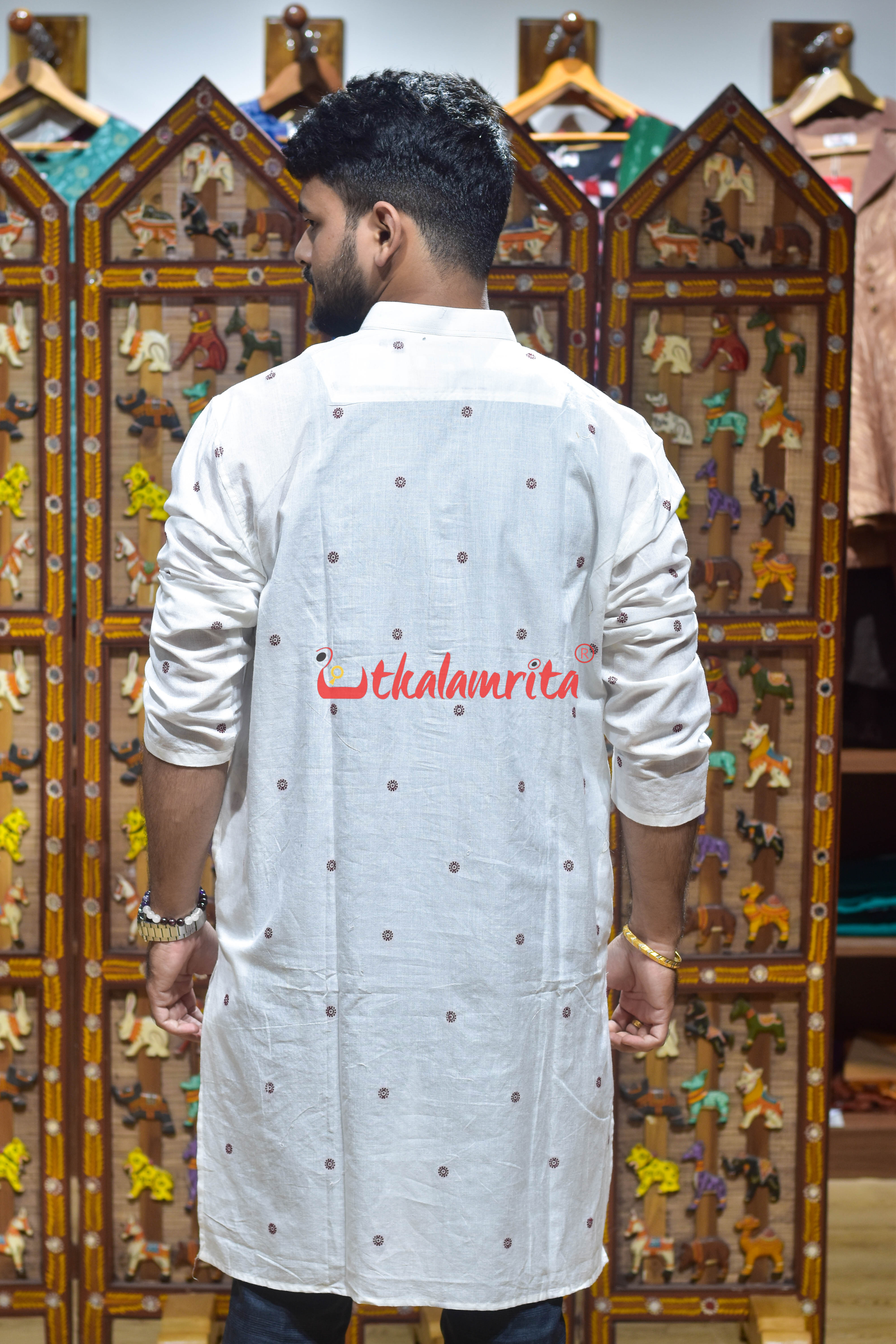 White Maroon Buti (Men's Long Kurta)