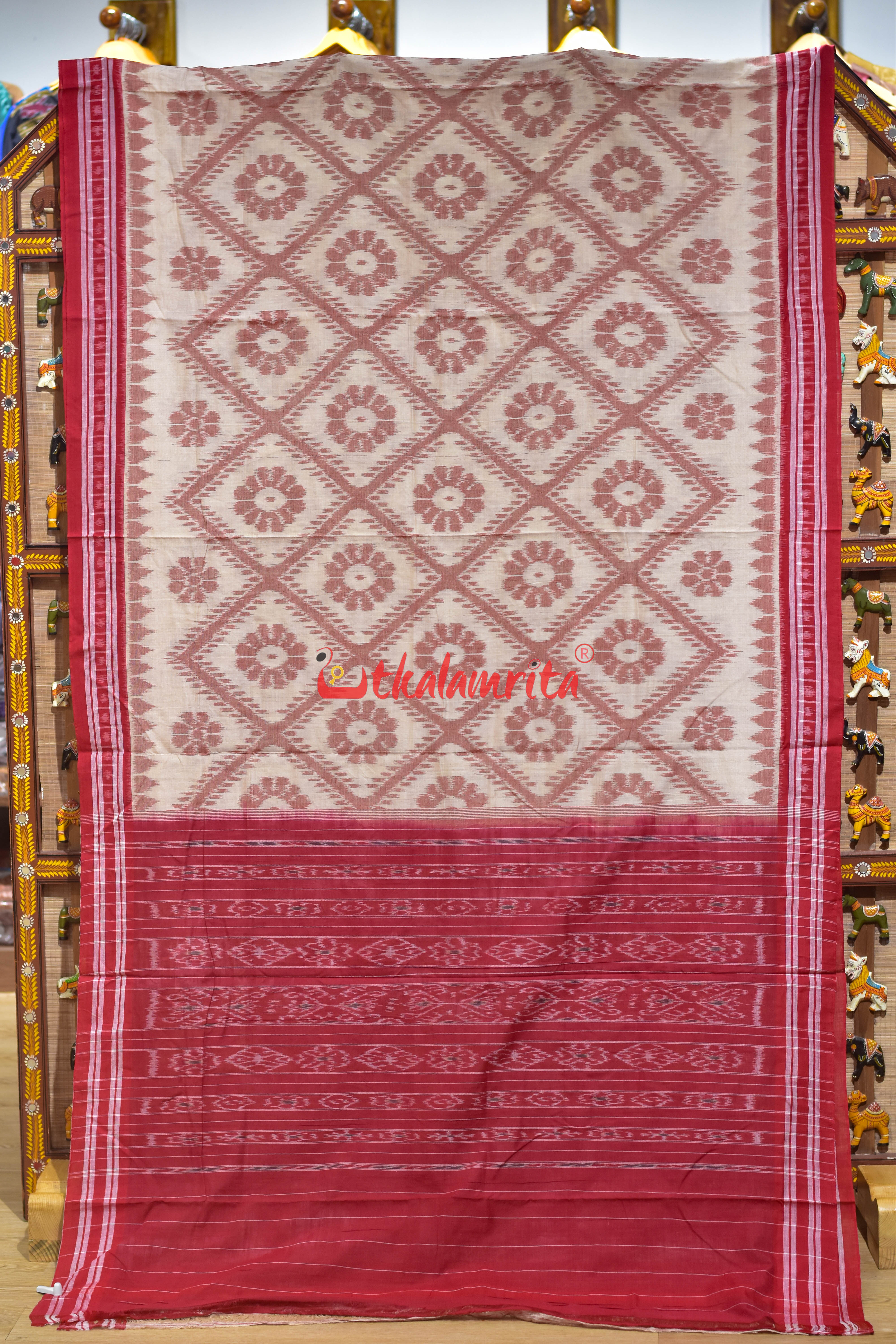 Off White Red Bada Phula Khandua Cotton Saree