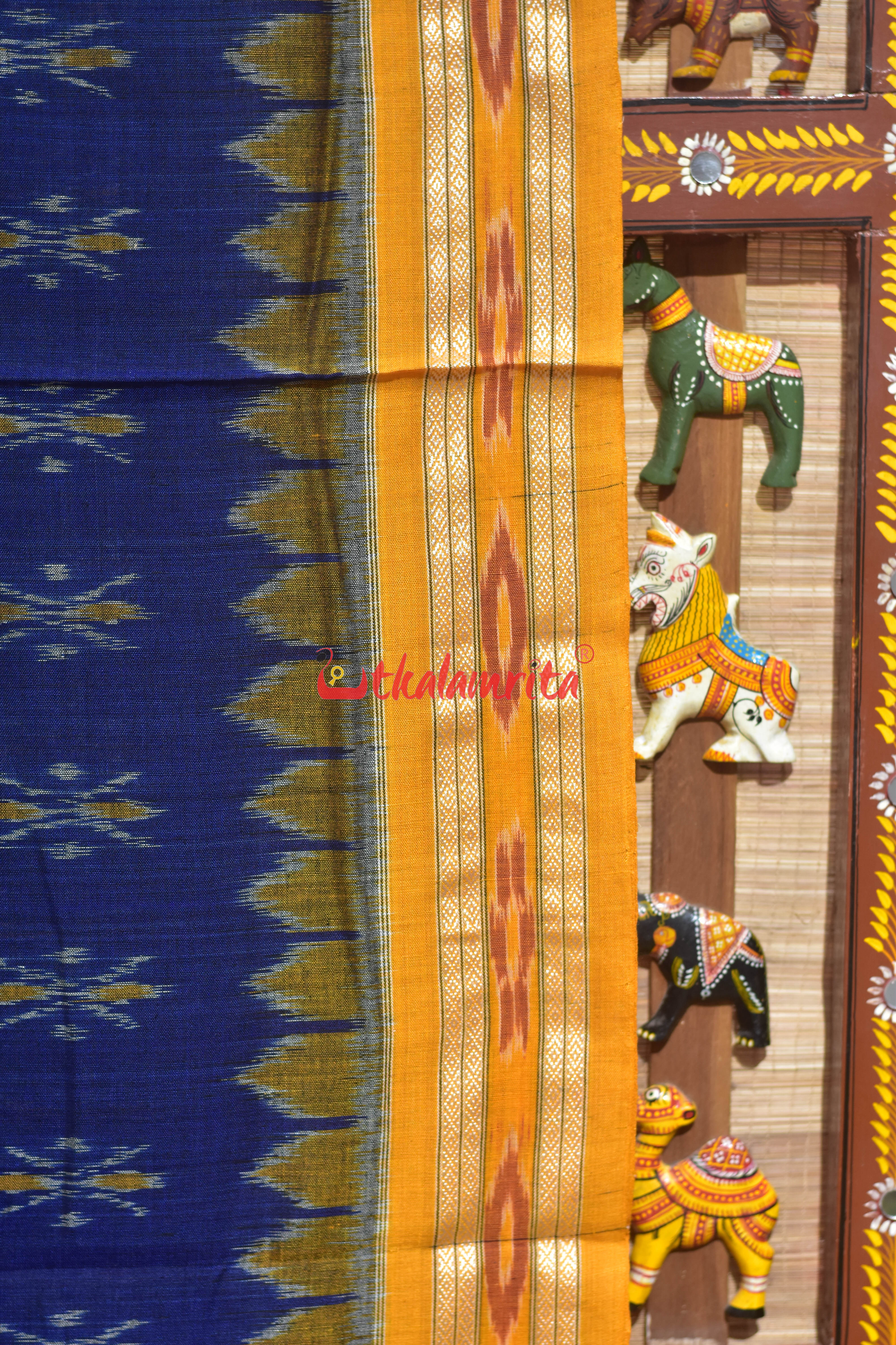 Navy Blue Damru with Yellow Border Khandua Cotton Saree