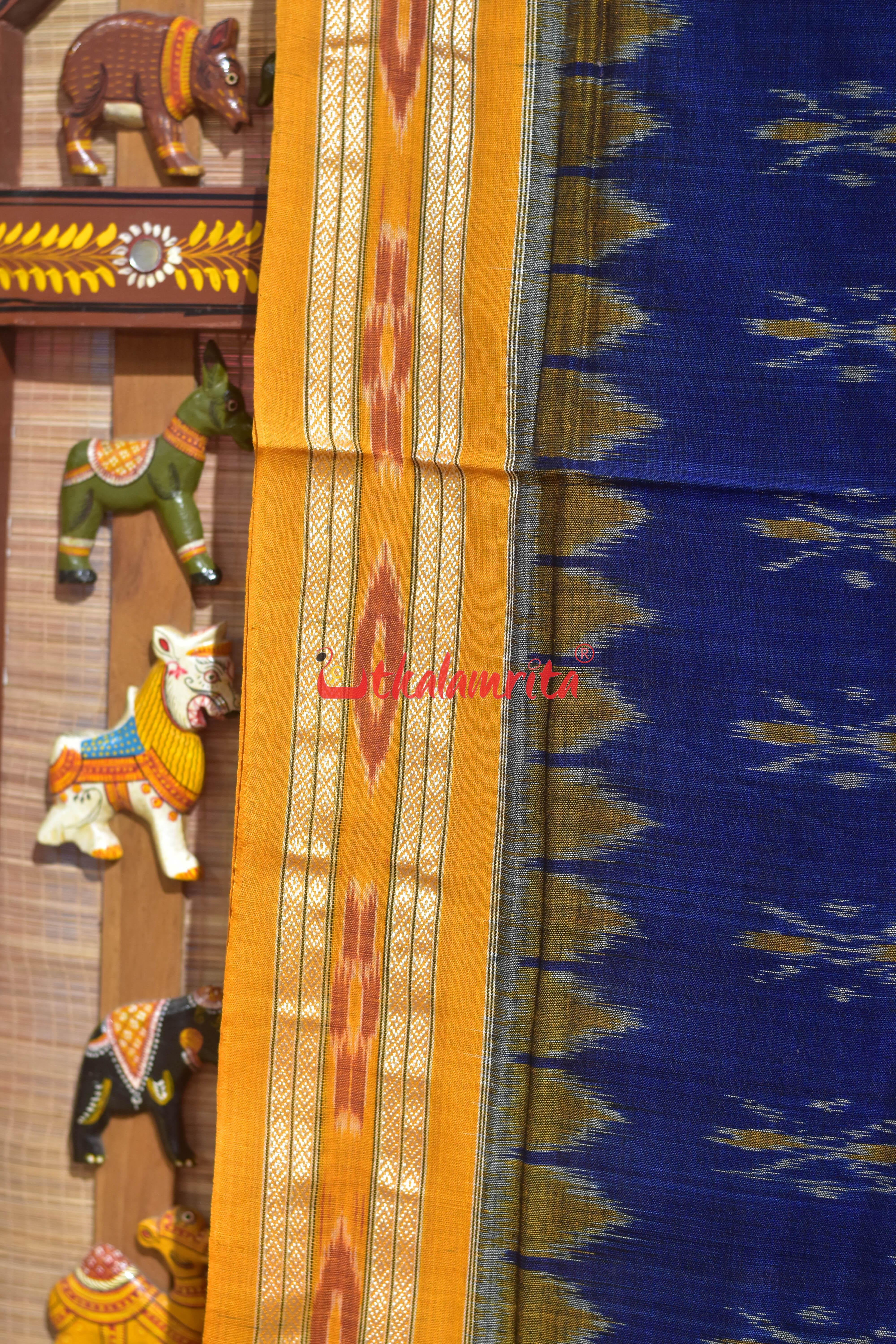 Navy Blue Damru with Yellow Border Khandua Cotton Saree
