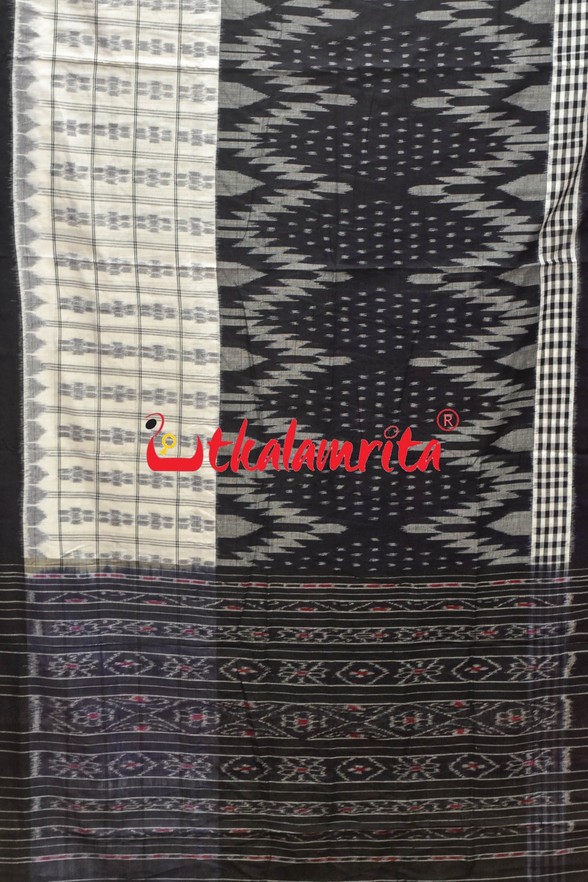 Half Half Black White Khandua Cotton Checks Saree