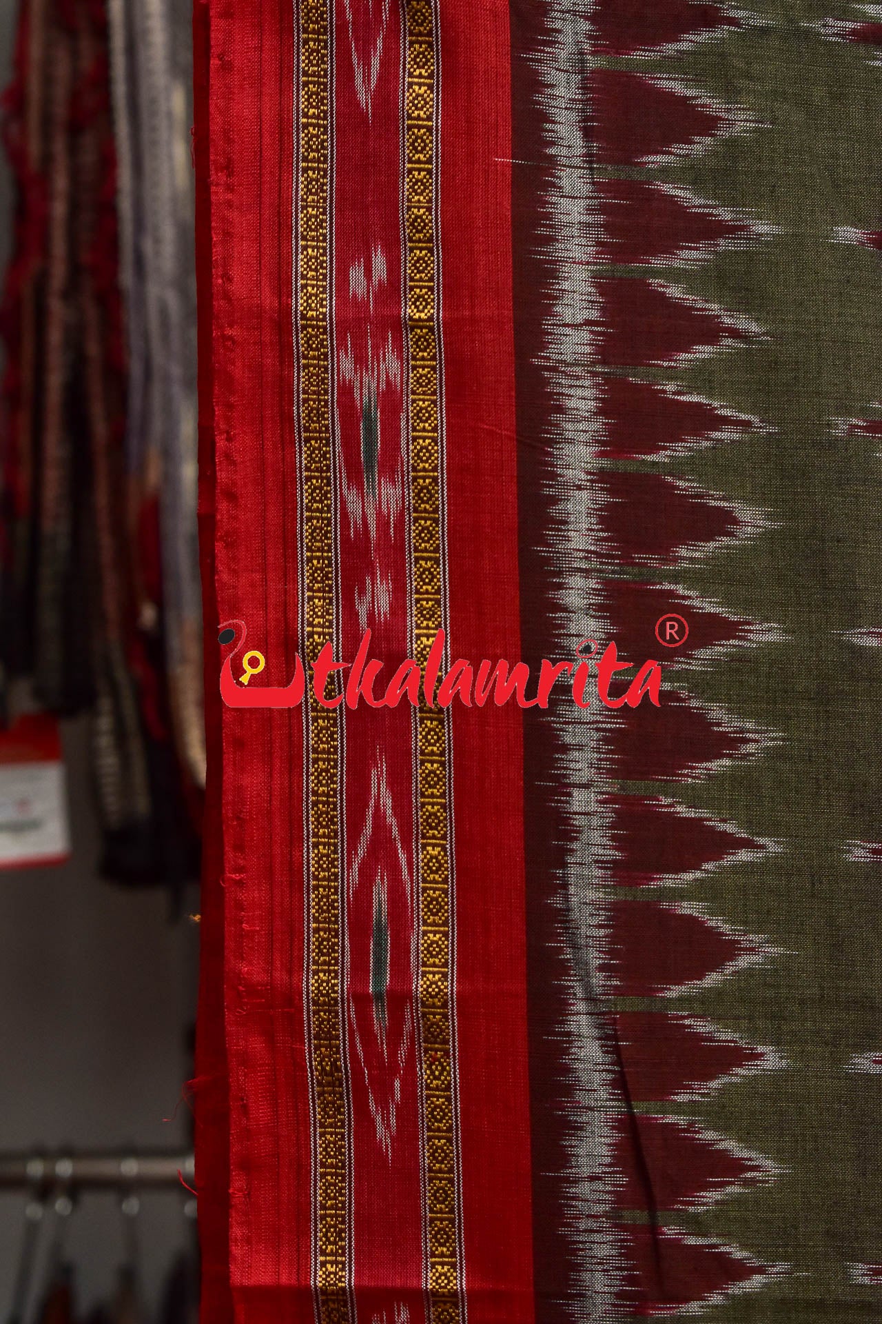 Olive Red Kadha Khandua Cotton Saree