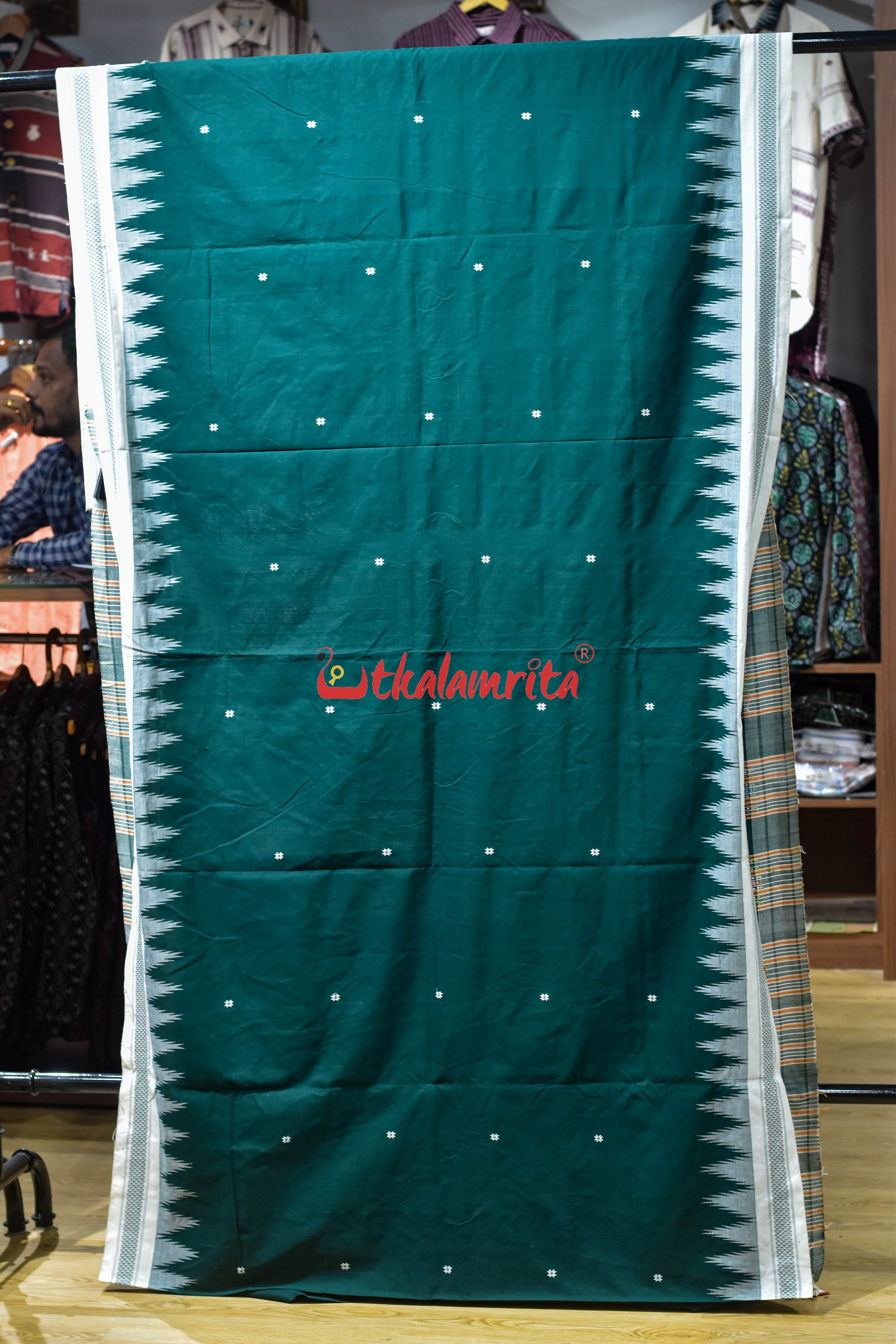 Dark Green White Original Ganjam Bomkai Cotton Saree
