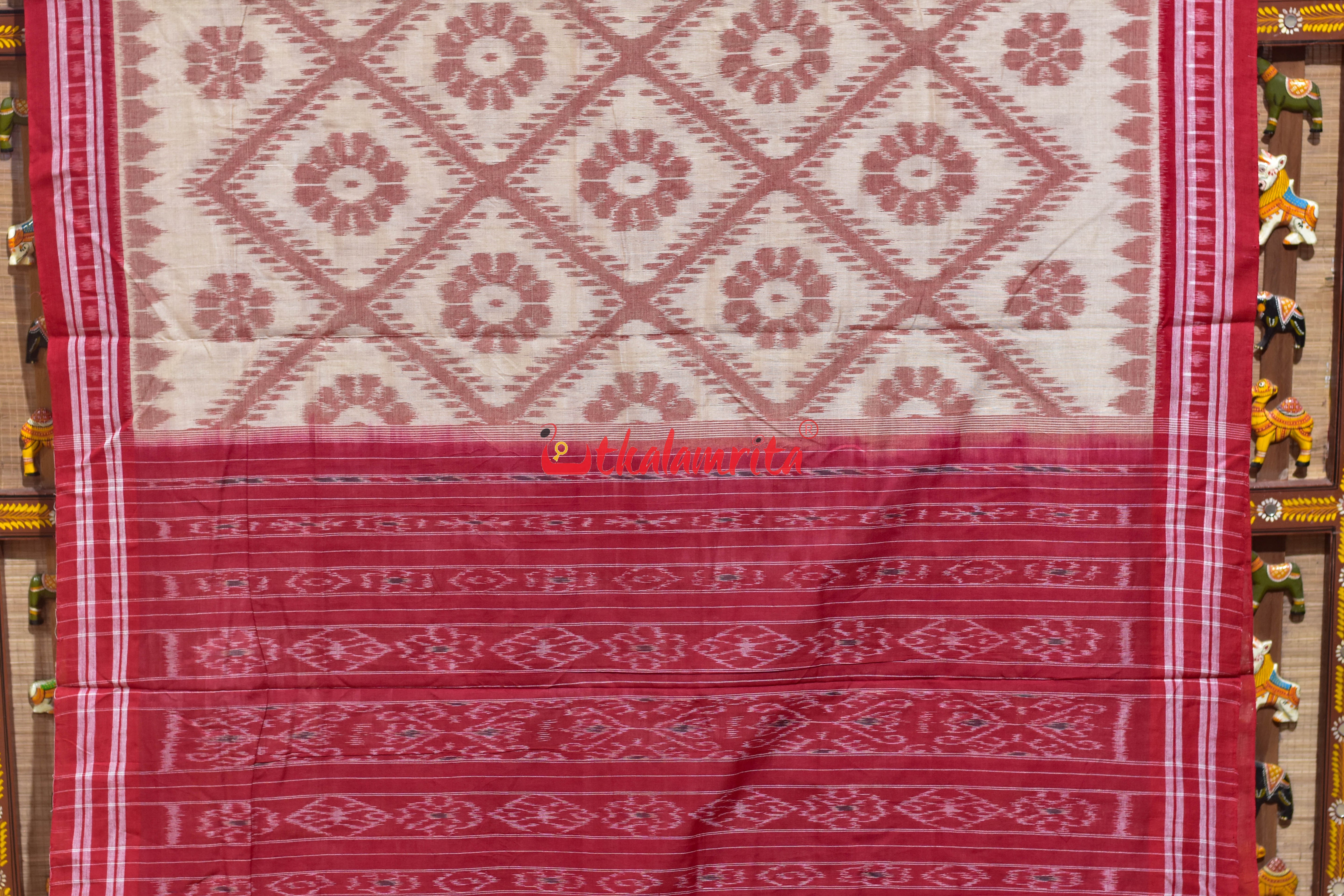 Off White Red Bada Phula Khandua Cotton Saree