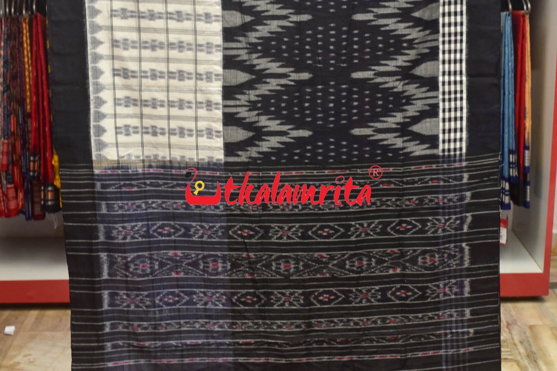 Half Half Black White Khandua Cotton Checks Saree