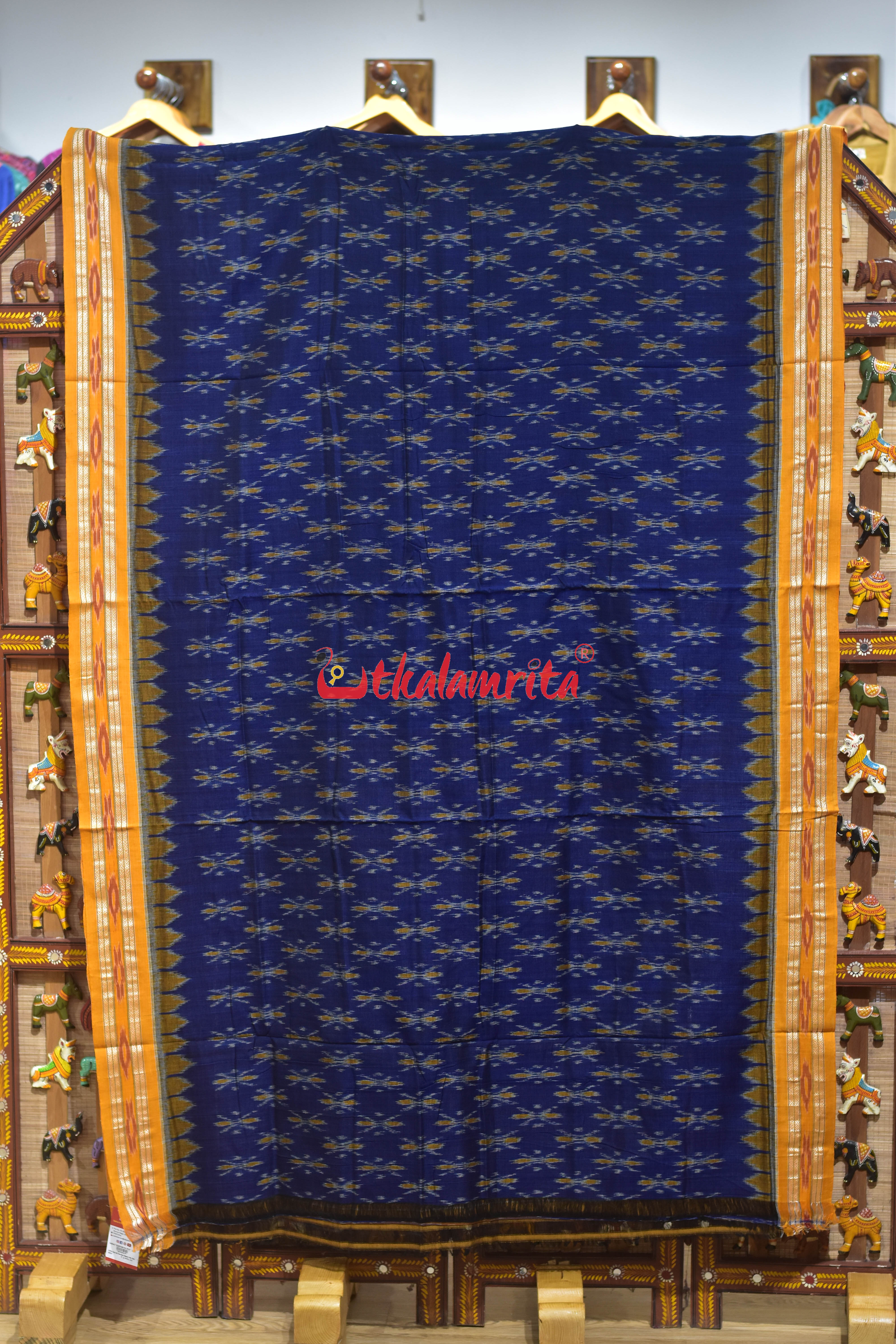 Navy Blue Damru with Yellow Border Khandua Cotton Saree