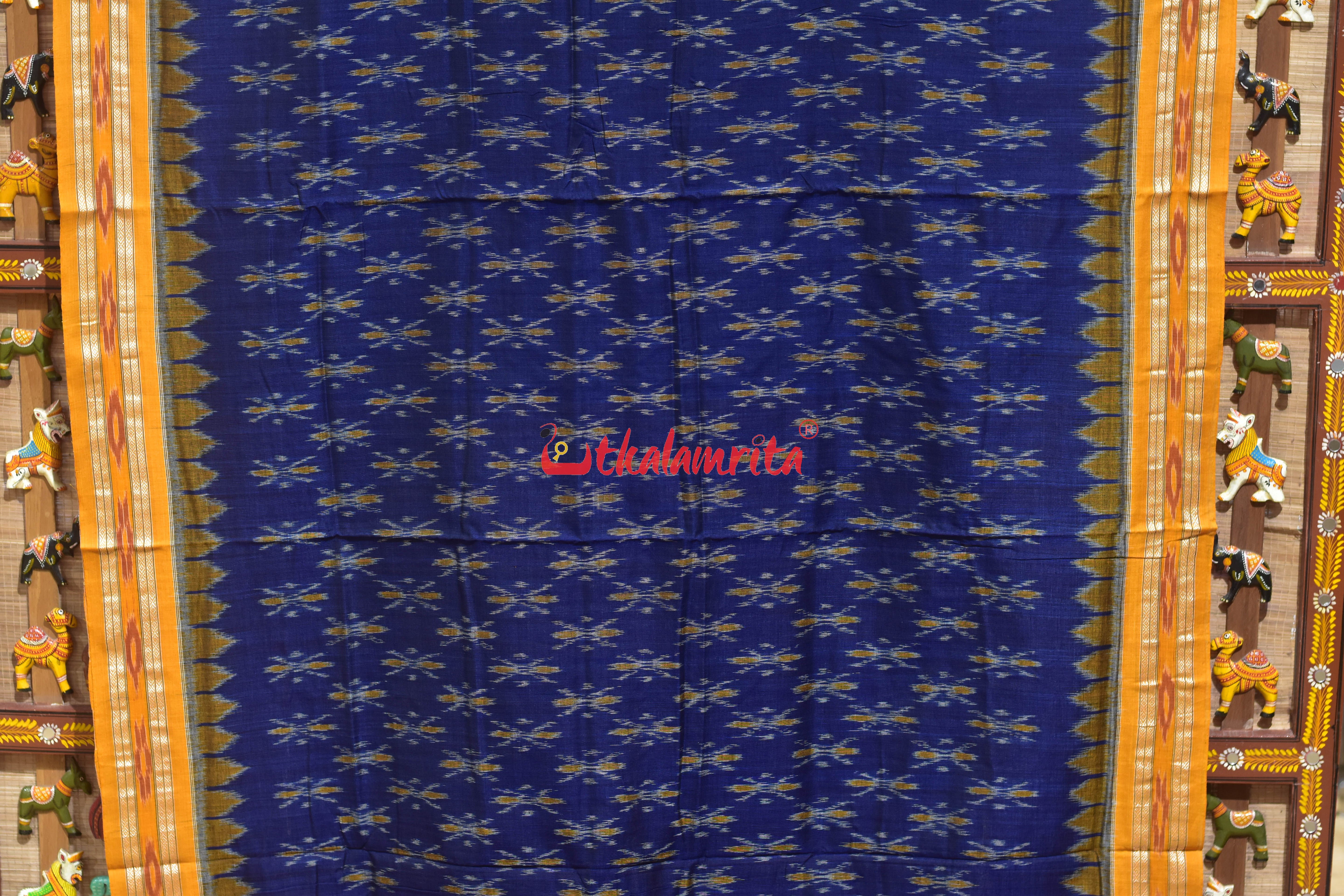 Navy Blue Damru with Yellow Border Khandua Cotton Saree