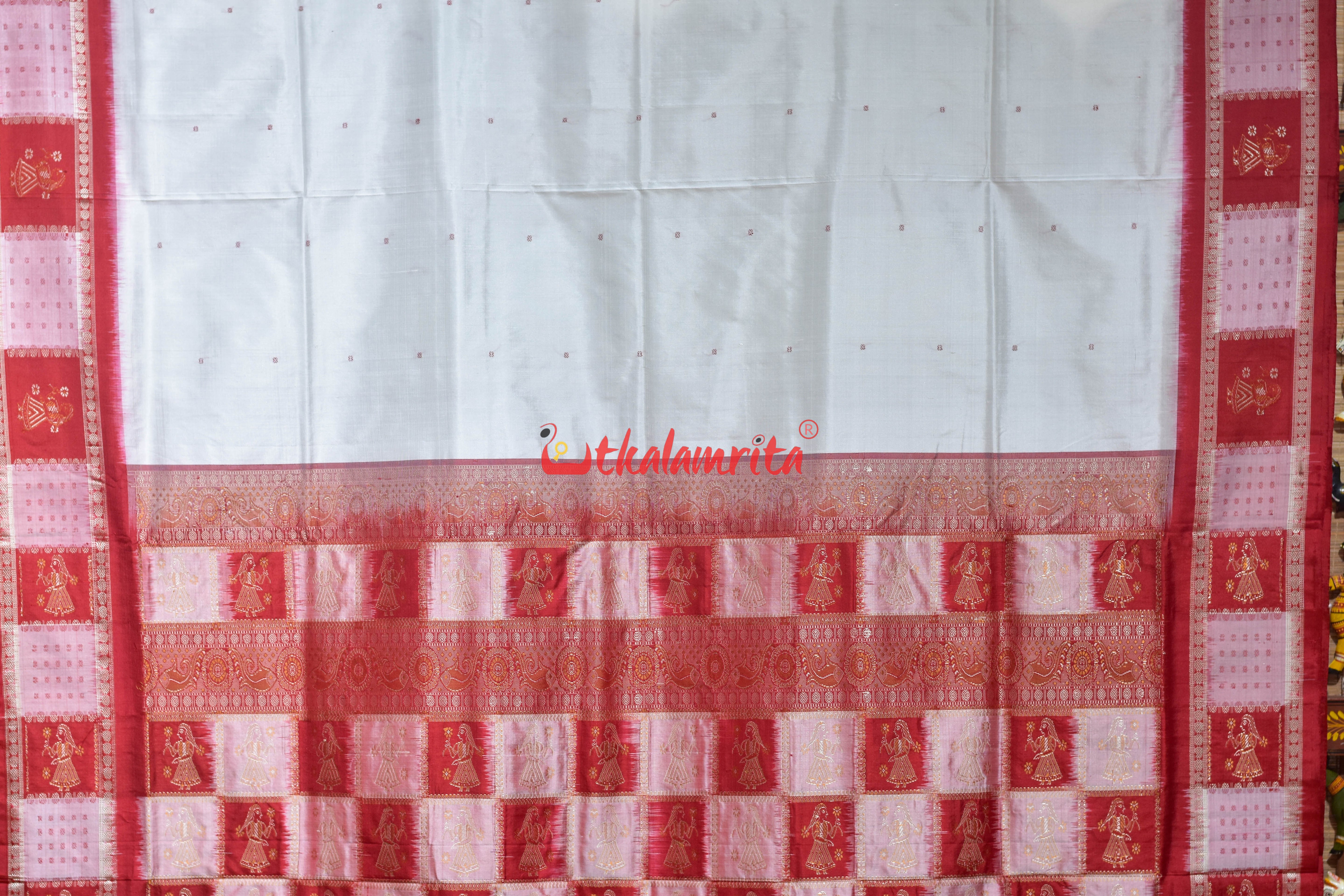 White Red with Doll Border Bomkai Silk Saree