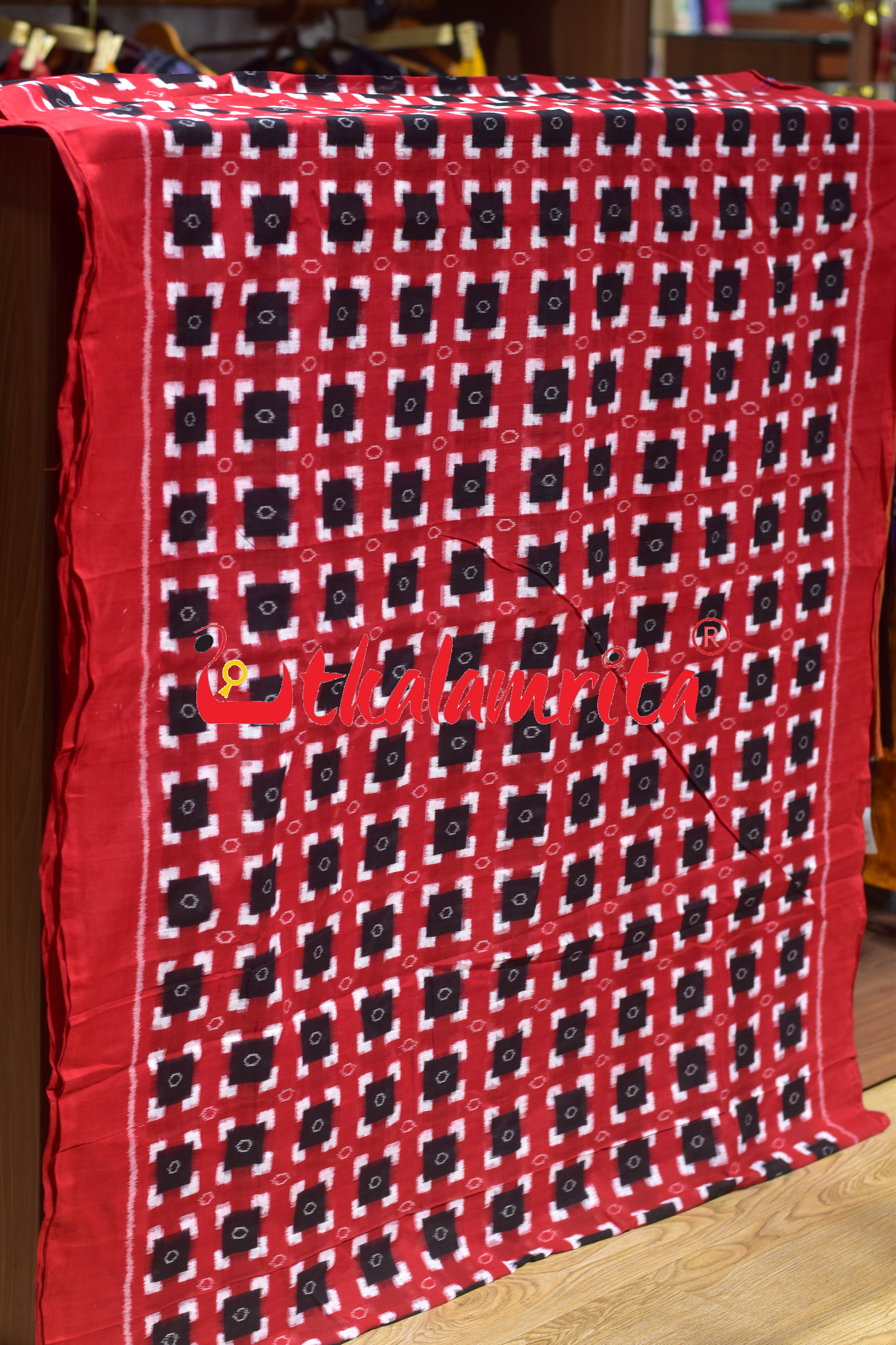 Black Squares on Red Sambalpuri Pasapali Cotton (Fabric)
