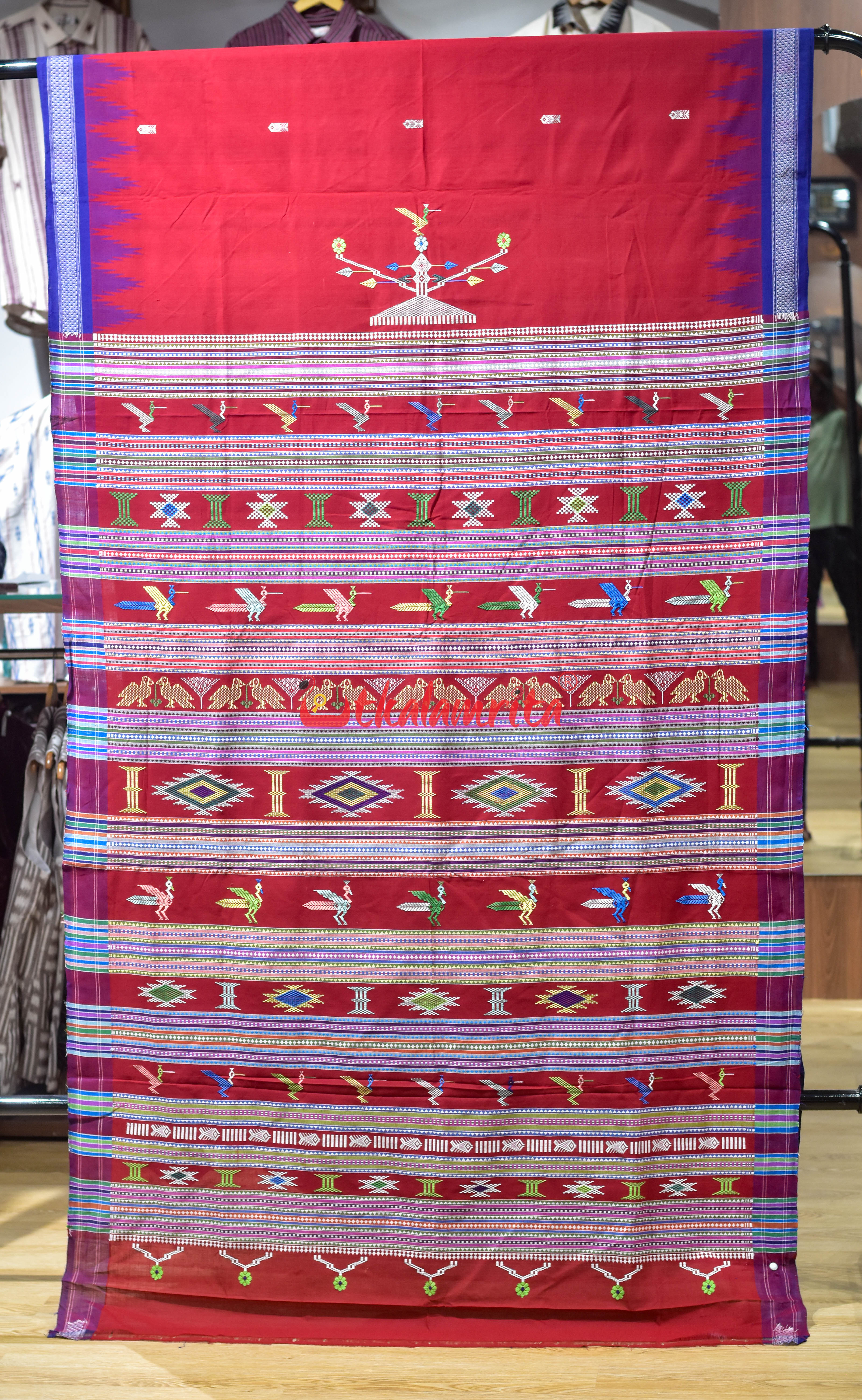 Red Blue Original Ganjam Bomkai Cotton Saree