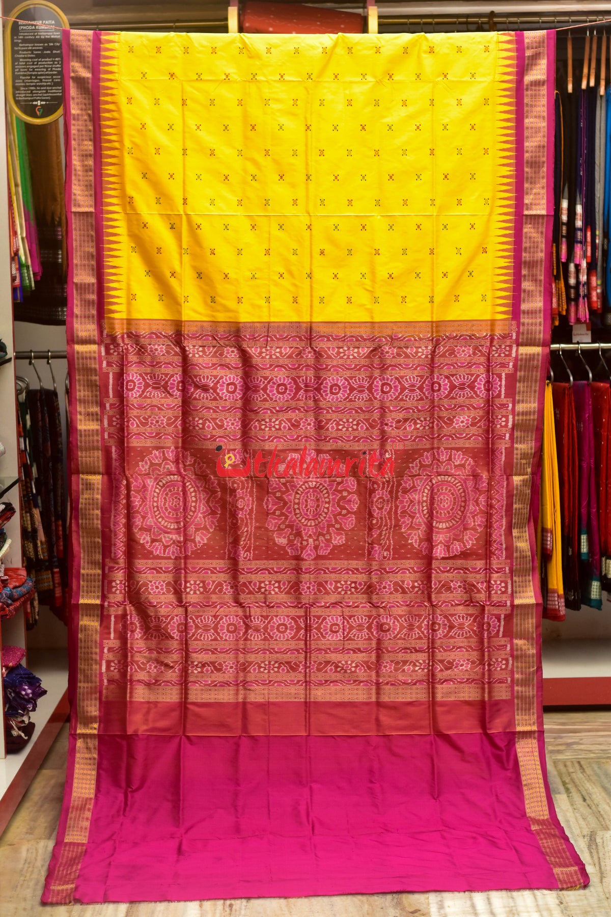 Half Tissue Yellow Rani Bomkai Silk Saree