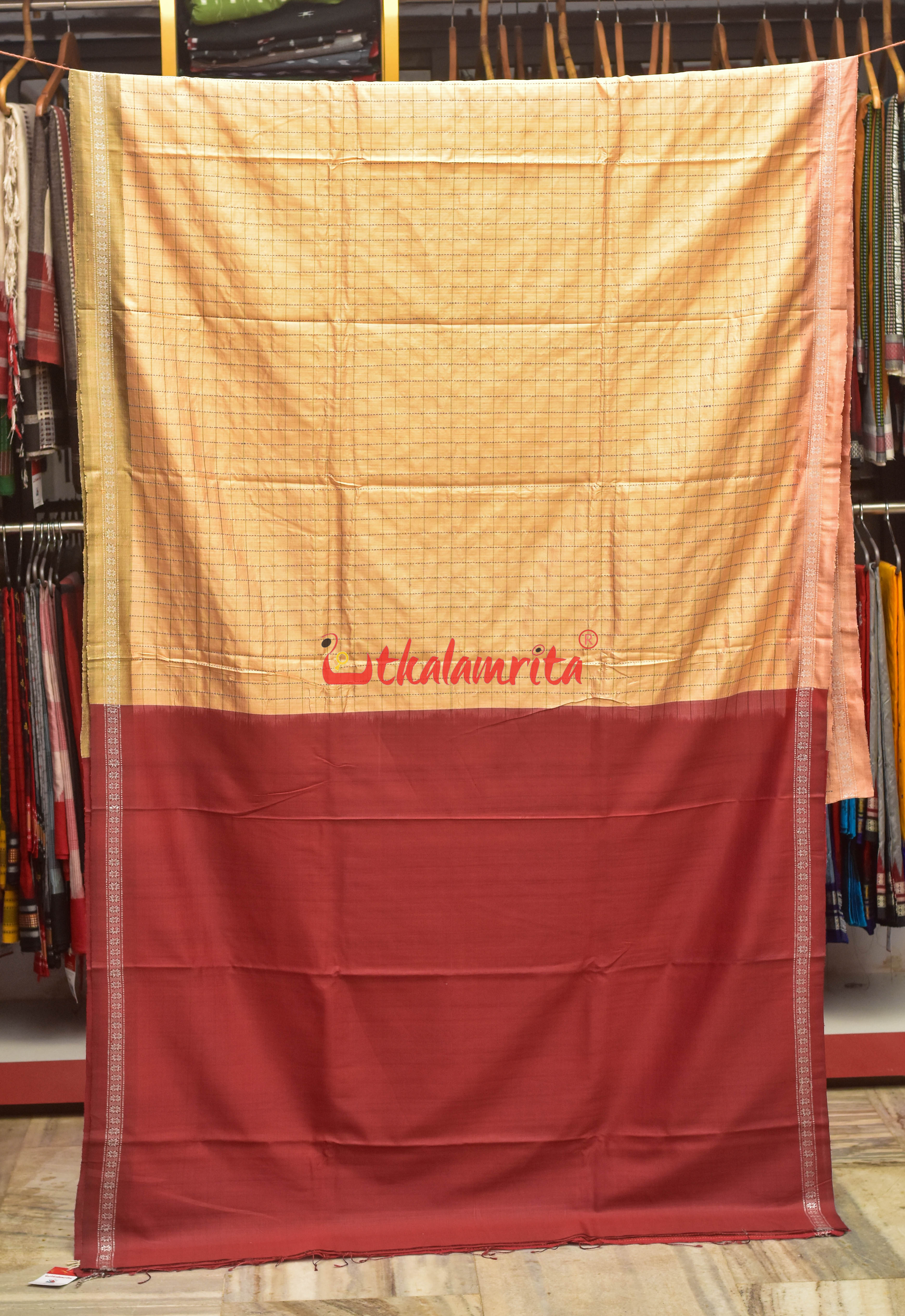 Orange Body Check And Anchal Stripes Tussar Saree