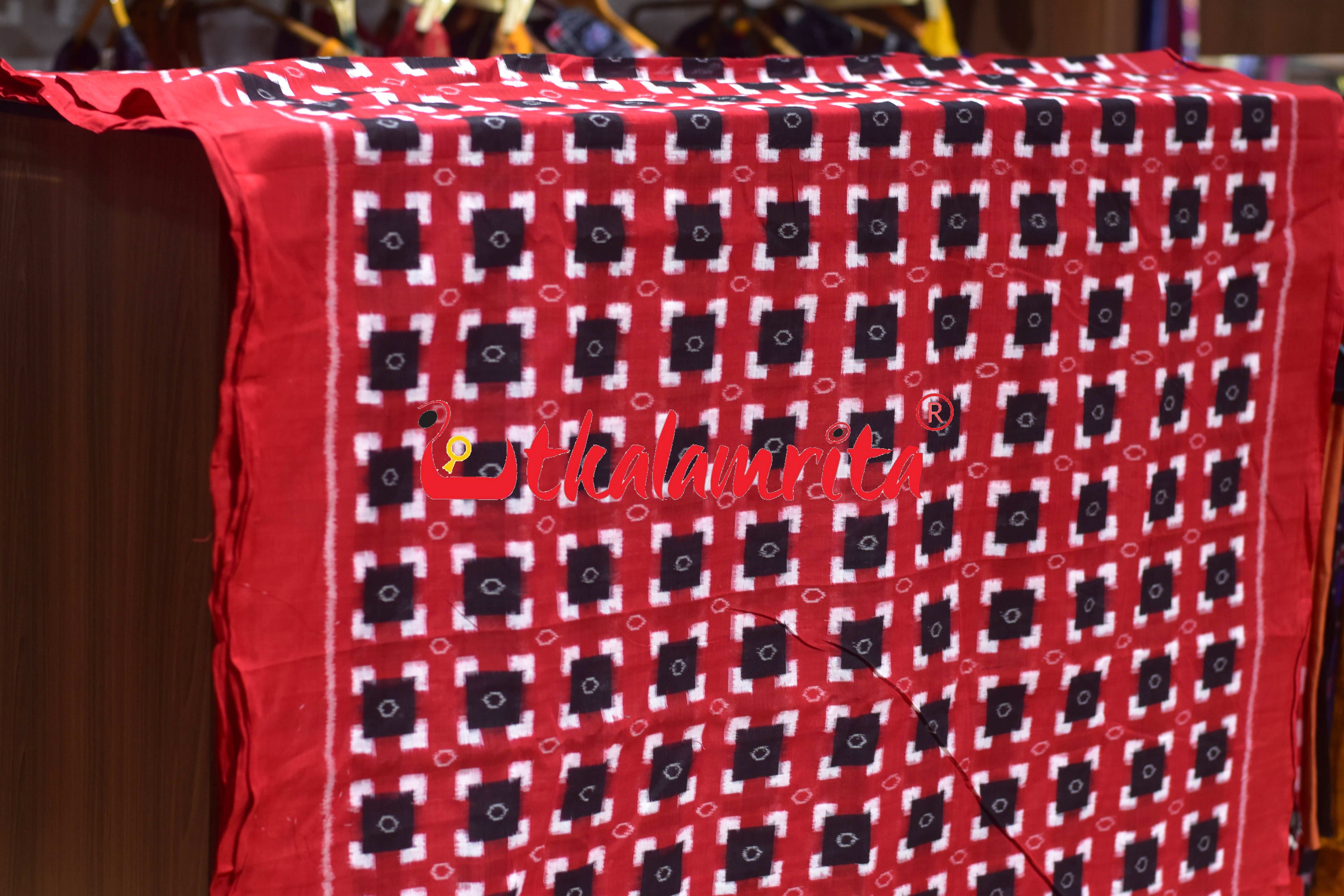 Black Squares on Red Sambalpuri Pasapali Cotton (Fabric)
