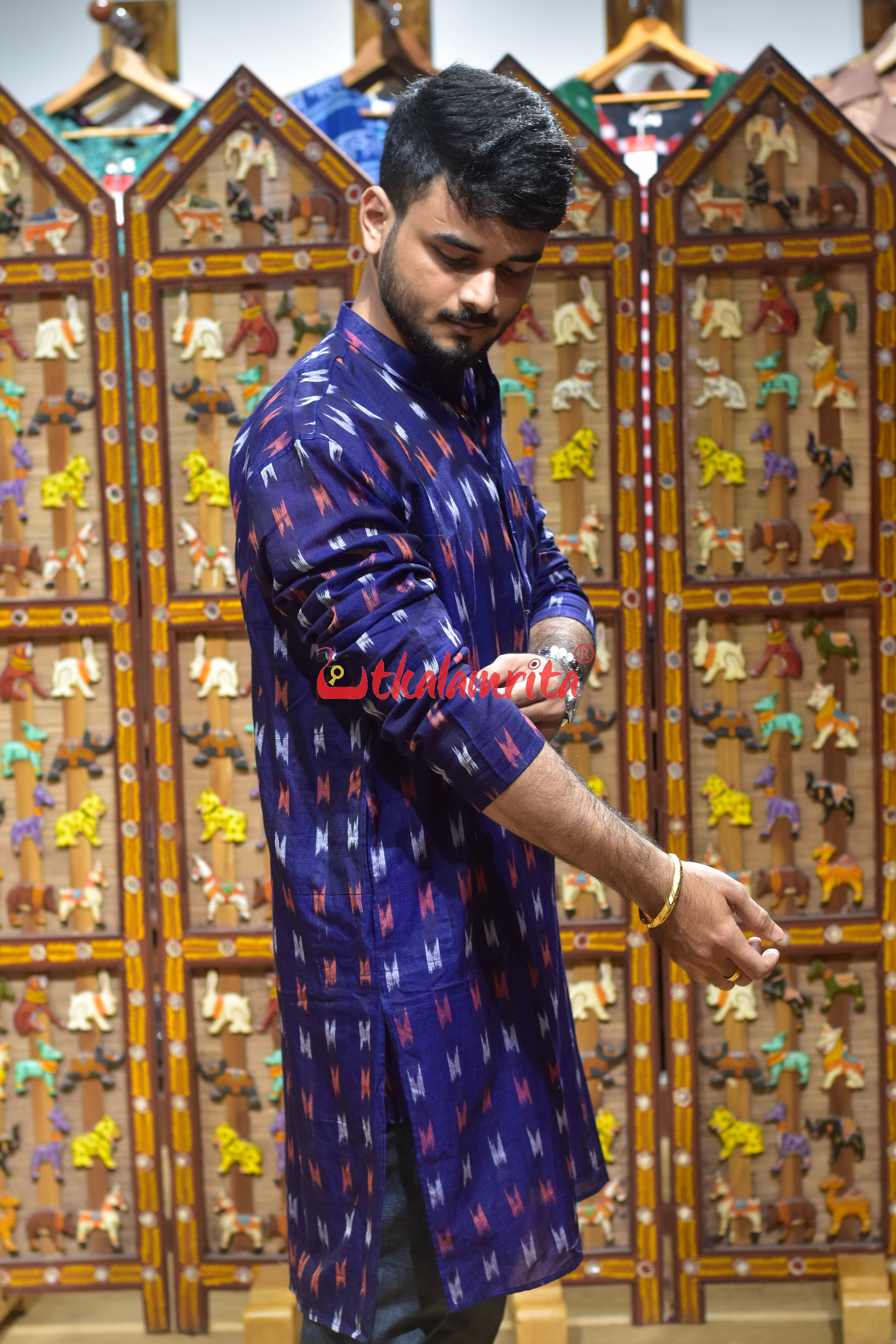 Navy Blue M Design (Men's Long Kurta)