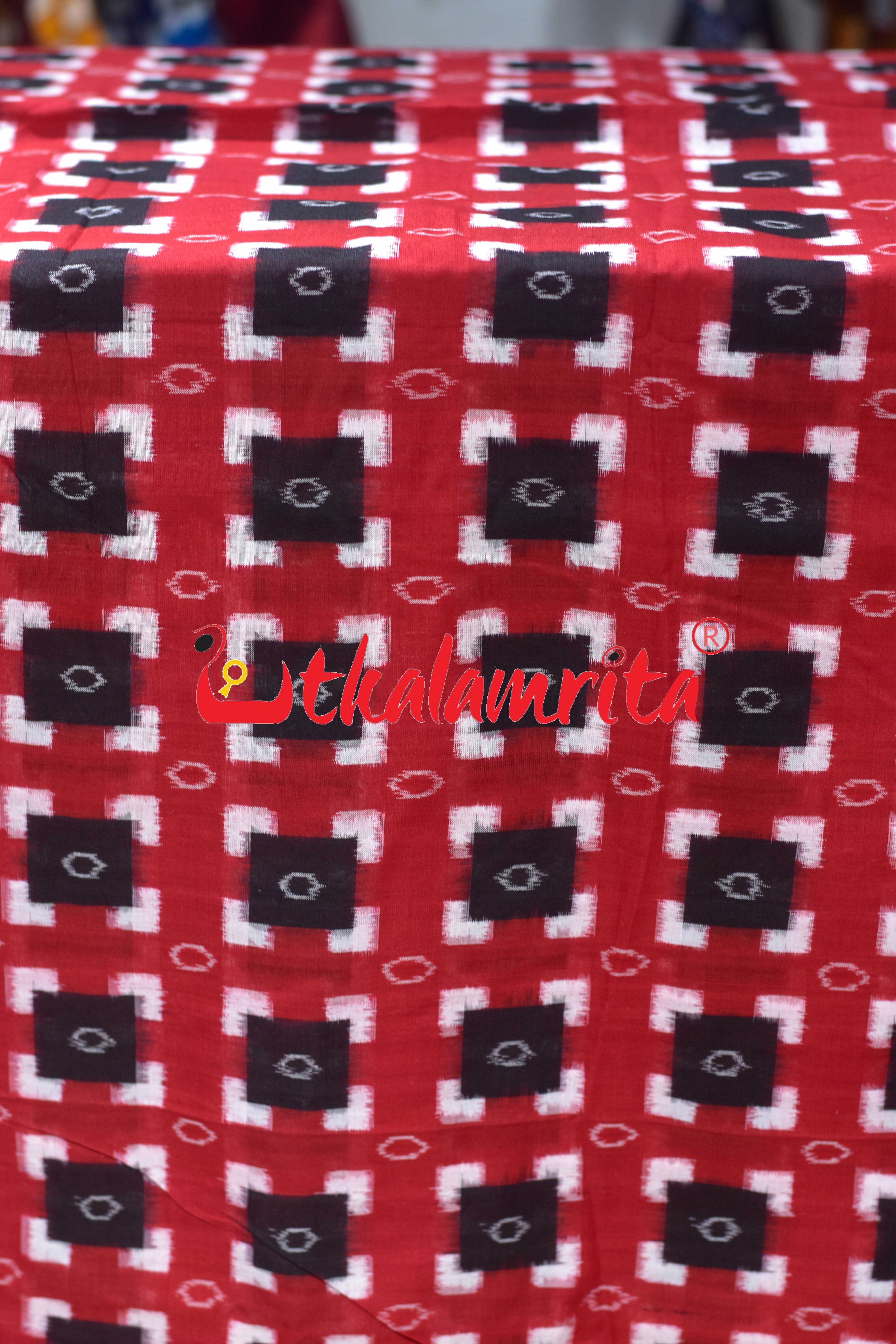 Black Squares on Red Sambalpuri Pasapali Cotton (Fabric)