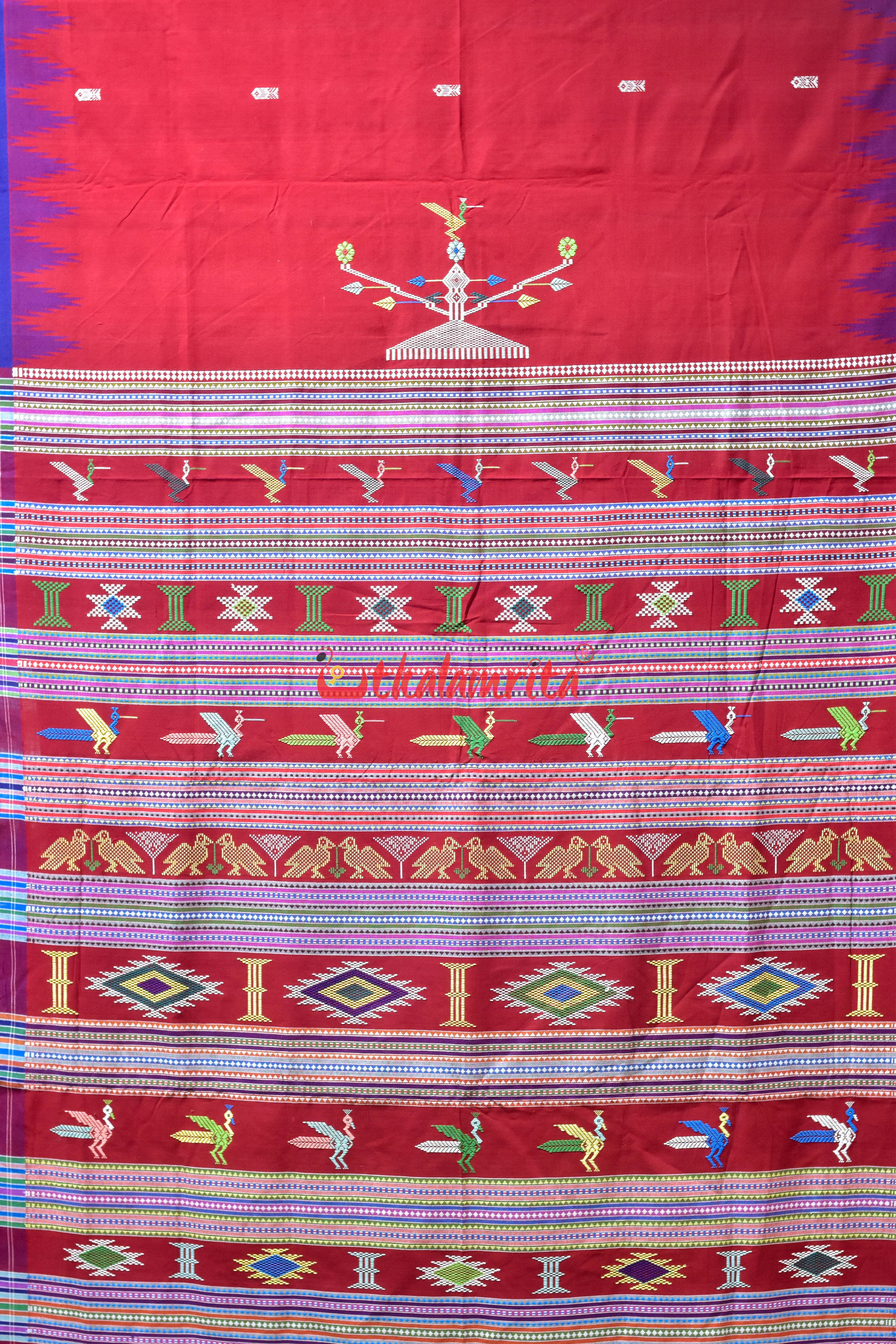 Red Blue Original Ganjam Bomkai Cotton Saree